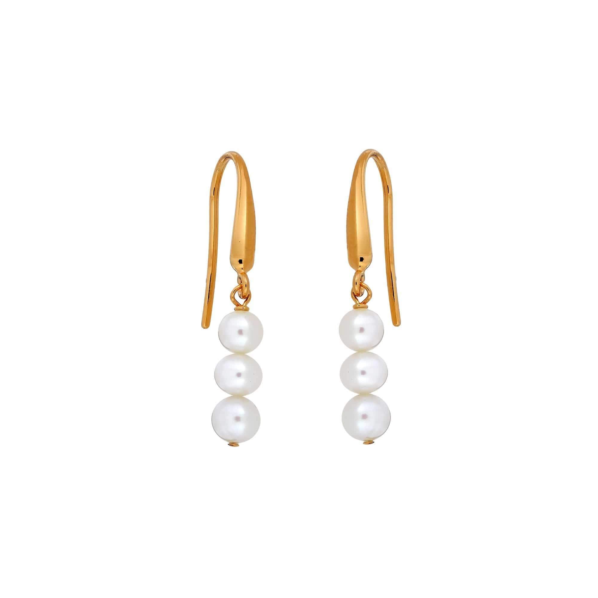 Pair of rose gold vermeil drop earrings featuring three lustrous white pearls each, designed for a refined and elegant sterling silver jewellery collection.