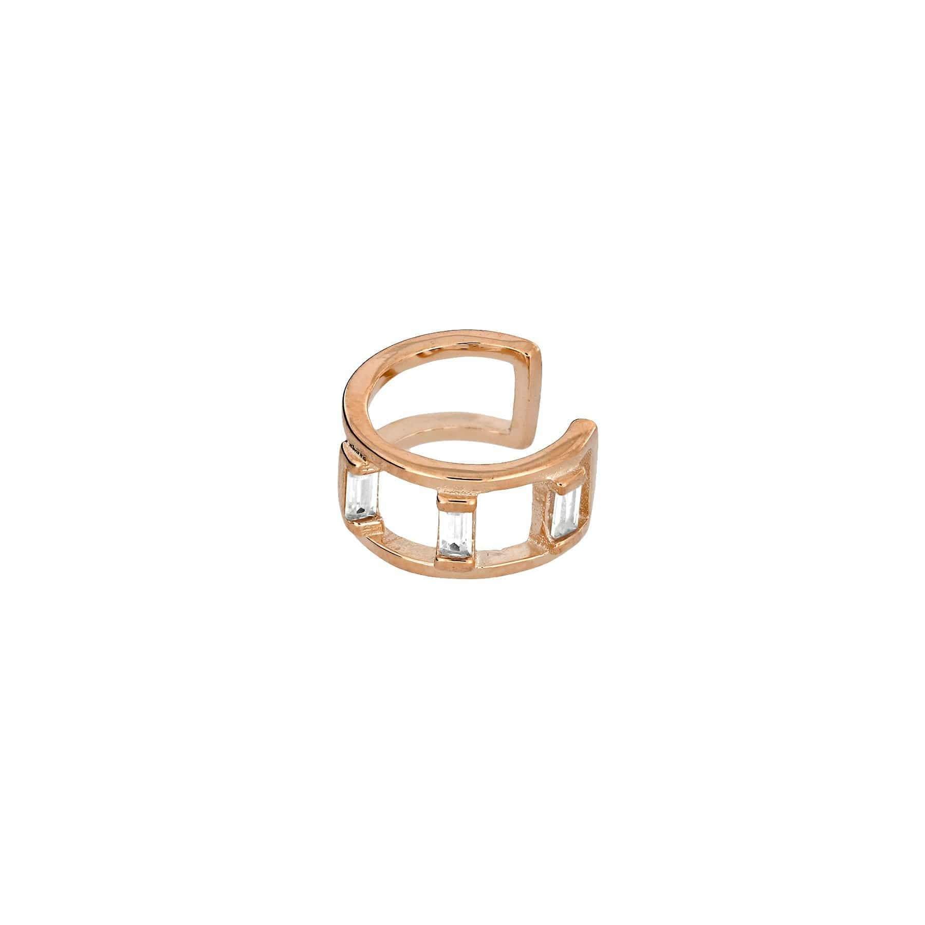 Rose vermeil ear cuff featuring a sculptural open design set with baguette stones, exemplifying refined contemporary sterling silver jewellery by Azendi.