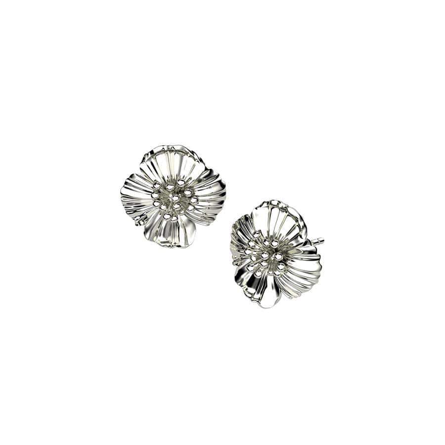 Sterling silver stud earrings inspired by delicate poppy petals, showcasing intricate sculptural detailing in a refined floral design for elegant everyday wear.