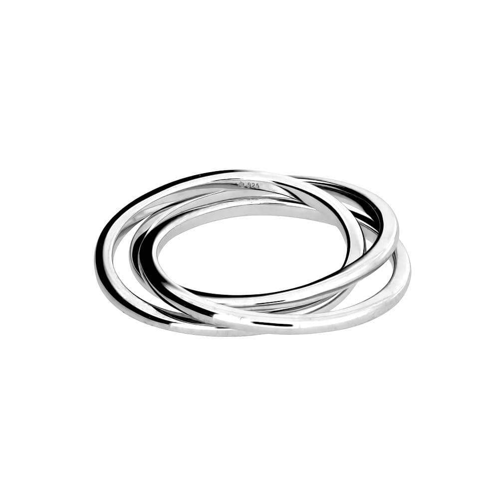 Elegant sterling silver Russian wedding ring featuring three intertwined polished bands creating a seamless, sculptural design symbolizing unity and timeless commitment.