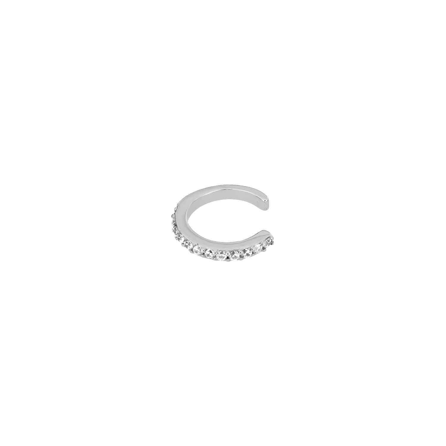 Delicate silver upper ear cuff adorned with a row of sparkling stones, combining refined minimalist style with an elegant sculptural design by Azendi.