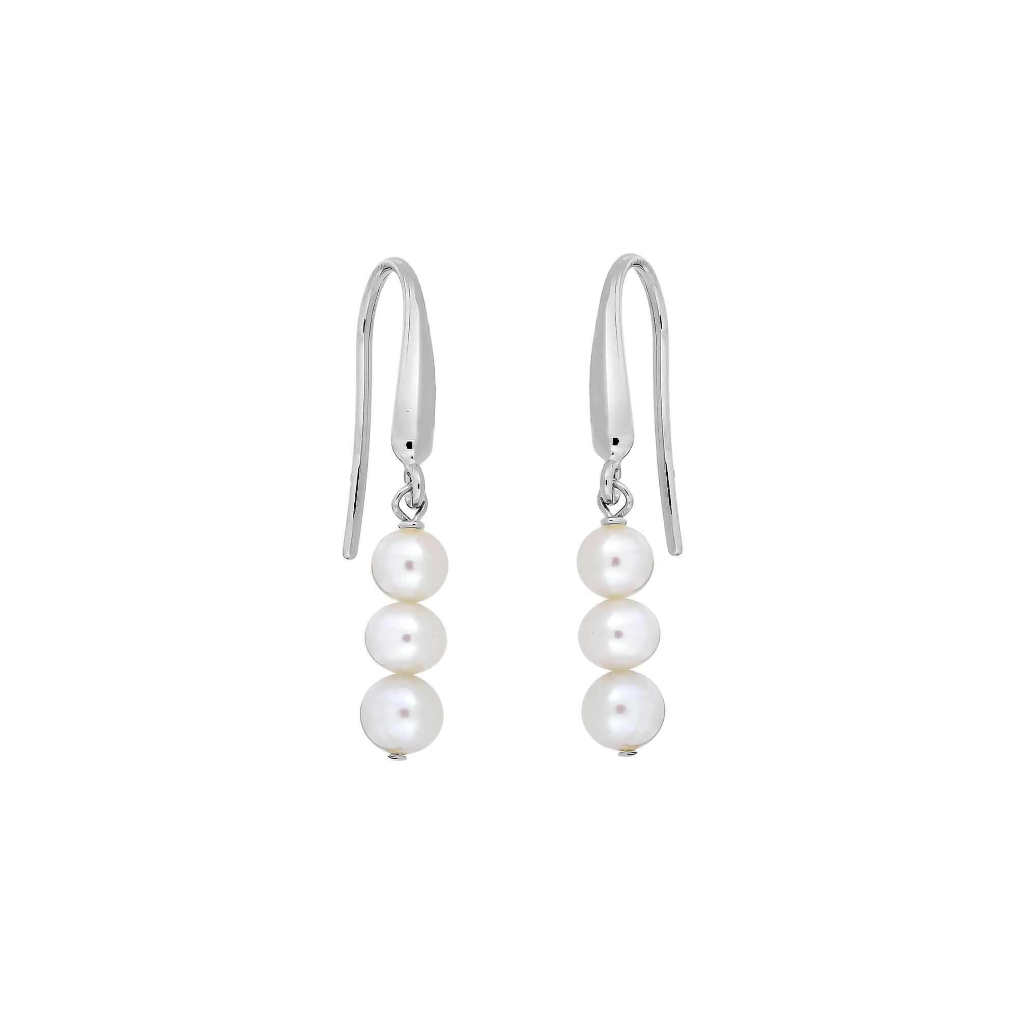 Pair of sterling silver drop earrings featuring three lustrous white pearls arranged vertically, showcasing a timeless and elegant design by Azendi.
