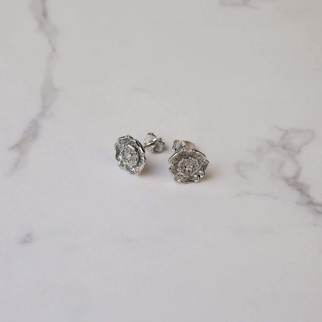 Sterling Silver Yorkshire Rose Earrings - Pavé