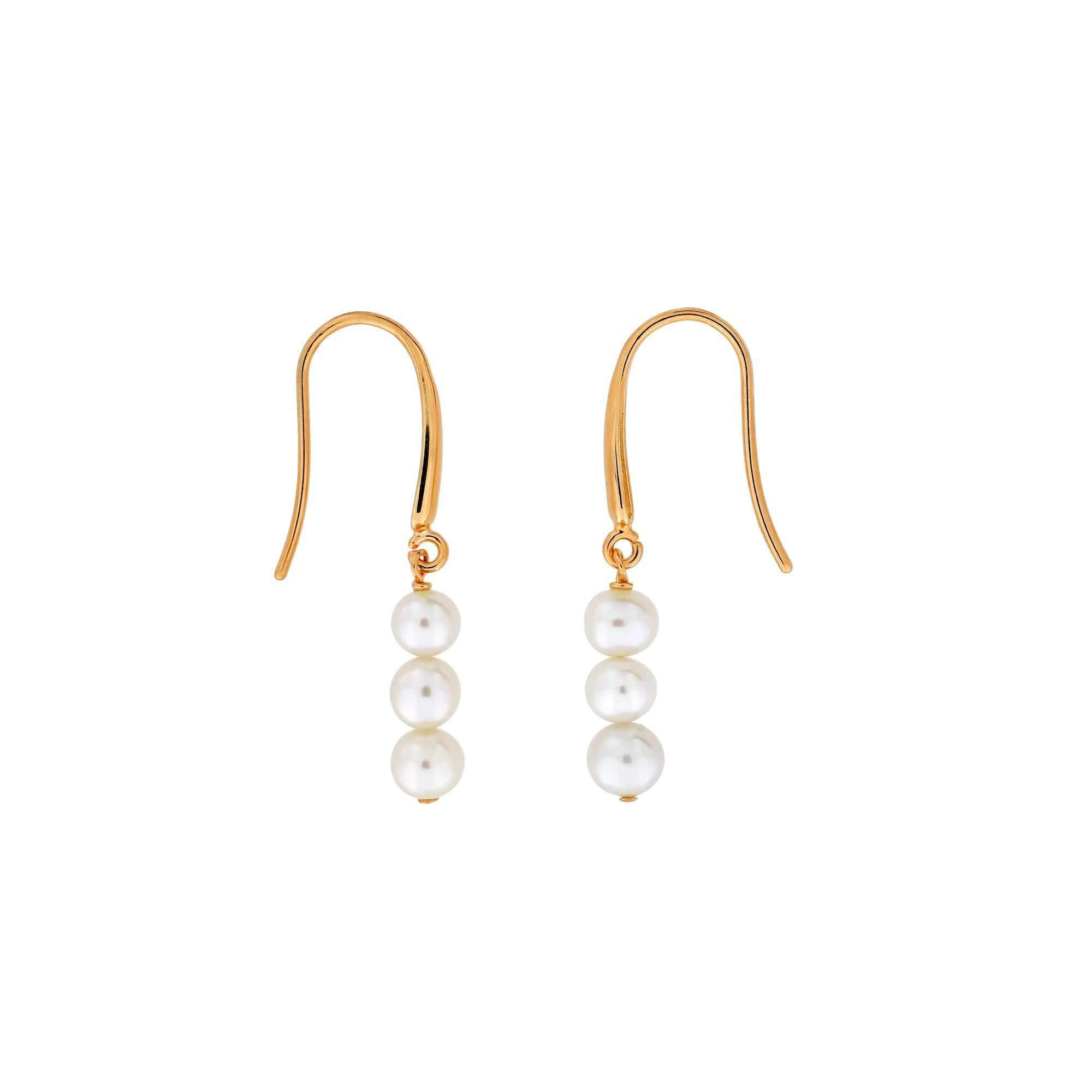 Delicate gold vermeil drop earrings featuring a vertical row of three lustrous white pearls, combining timeless elegance with contemporary sterling silver design.