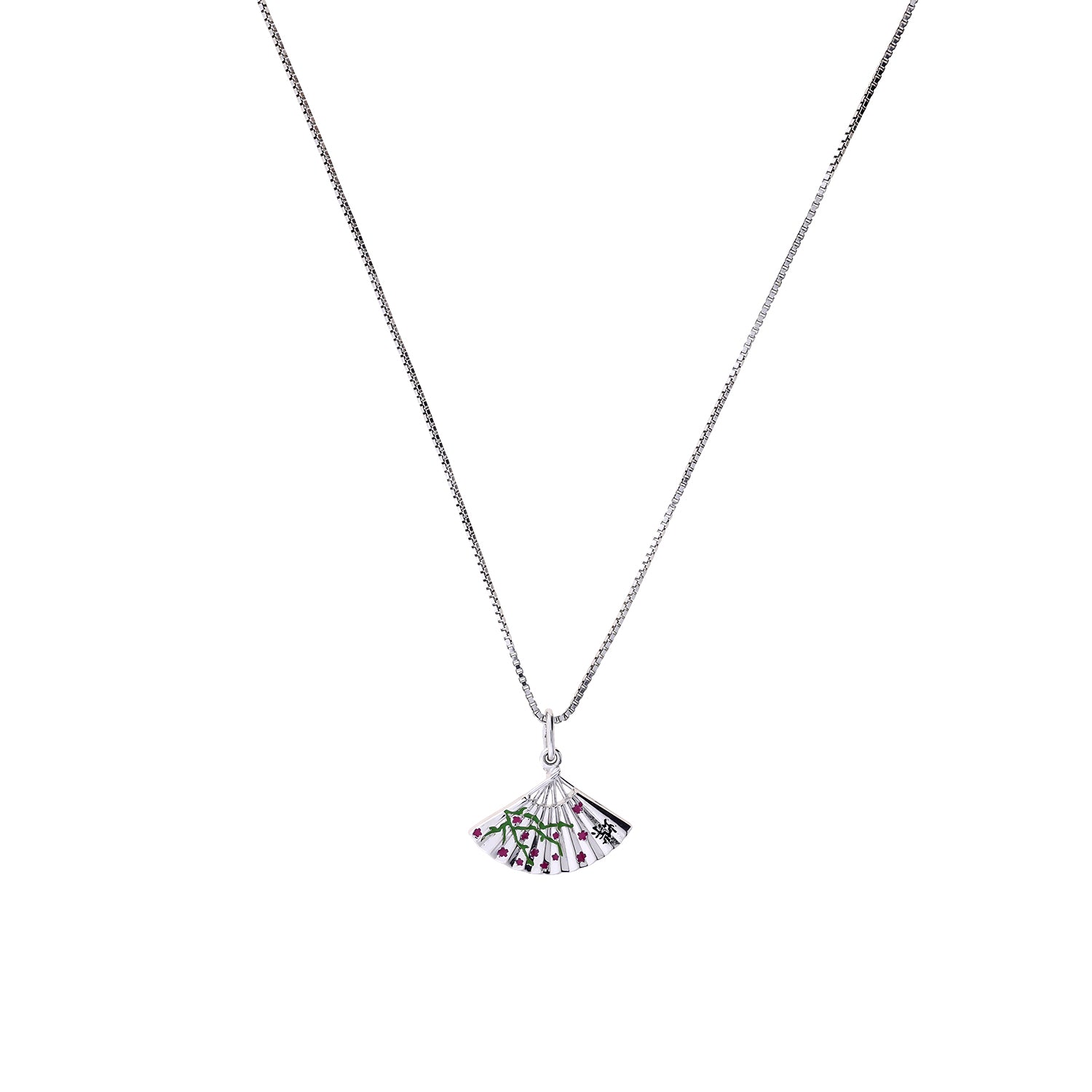 A silver pendant in the shape of an open fan with enamel Japanese tree blossoms, with a Japanese symbol for butterfly on the left side, on a silver chain.
