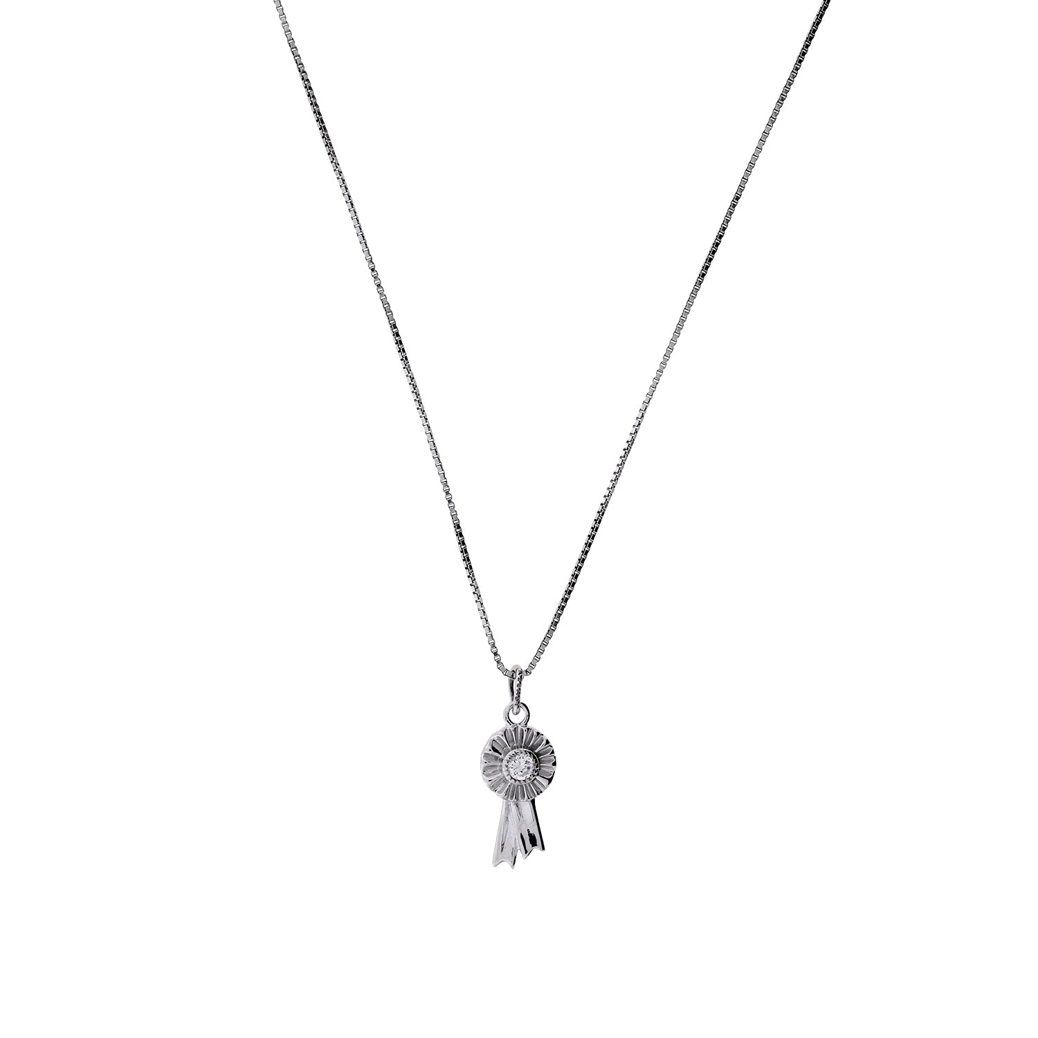 Sterling silver pendant featuring a detailed rosette design with delicate ribbon accents, suspended from a fine chain for a refined and sculptural silver jewellery piece.
