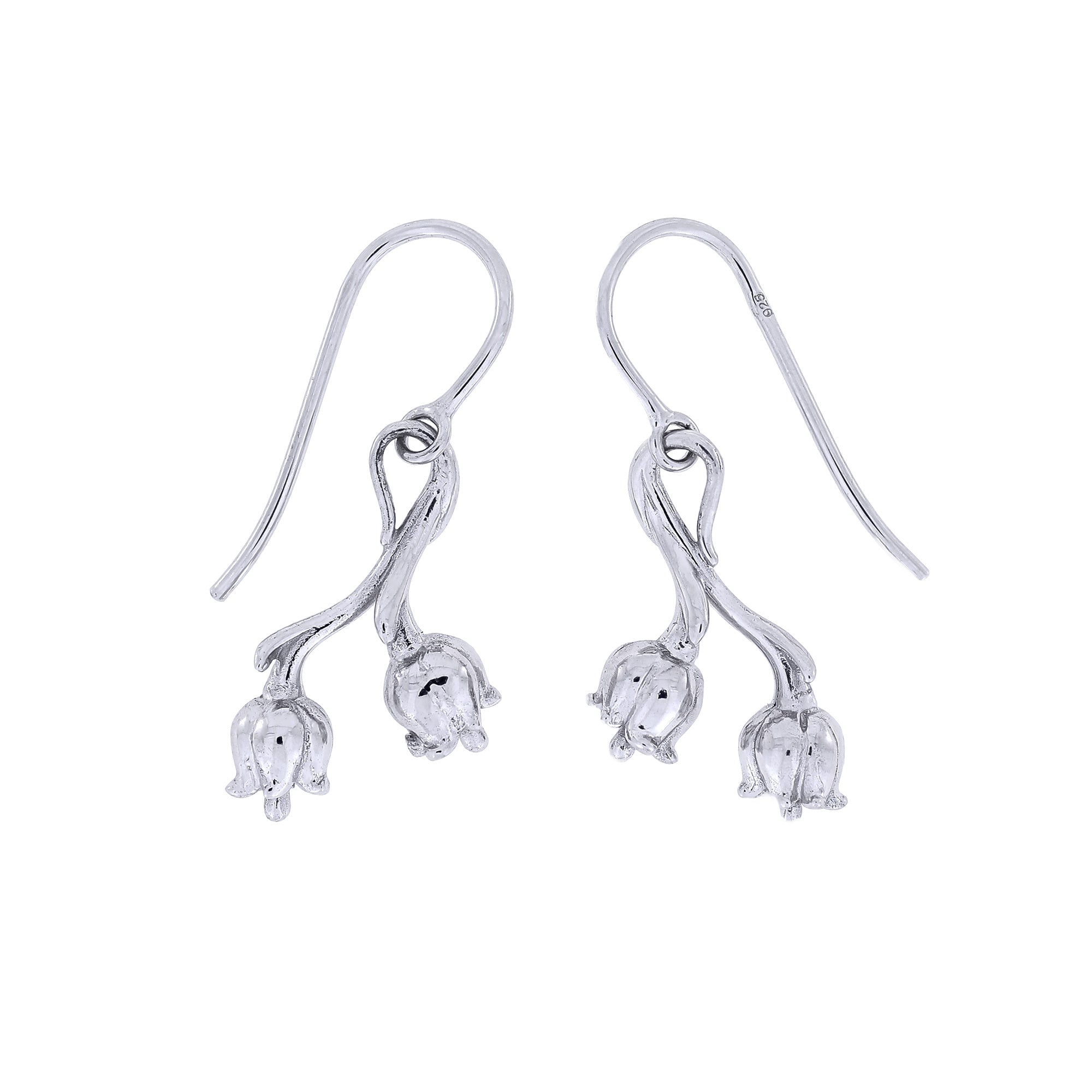 Pair of sterling silver earrings designed as delicate lily of the valley flowers with sculptural stems, showcasing expert British craftsmanship and a refined botanical motif.
