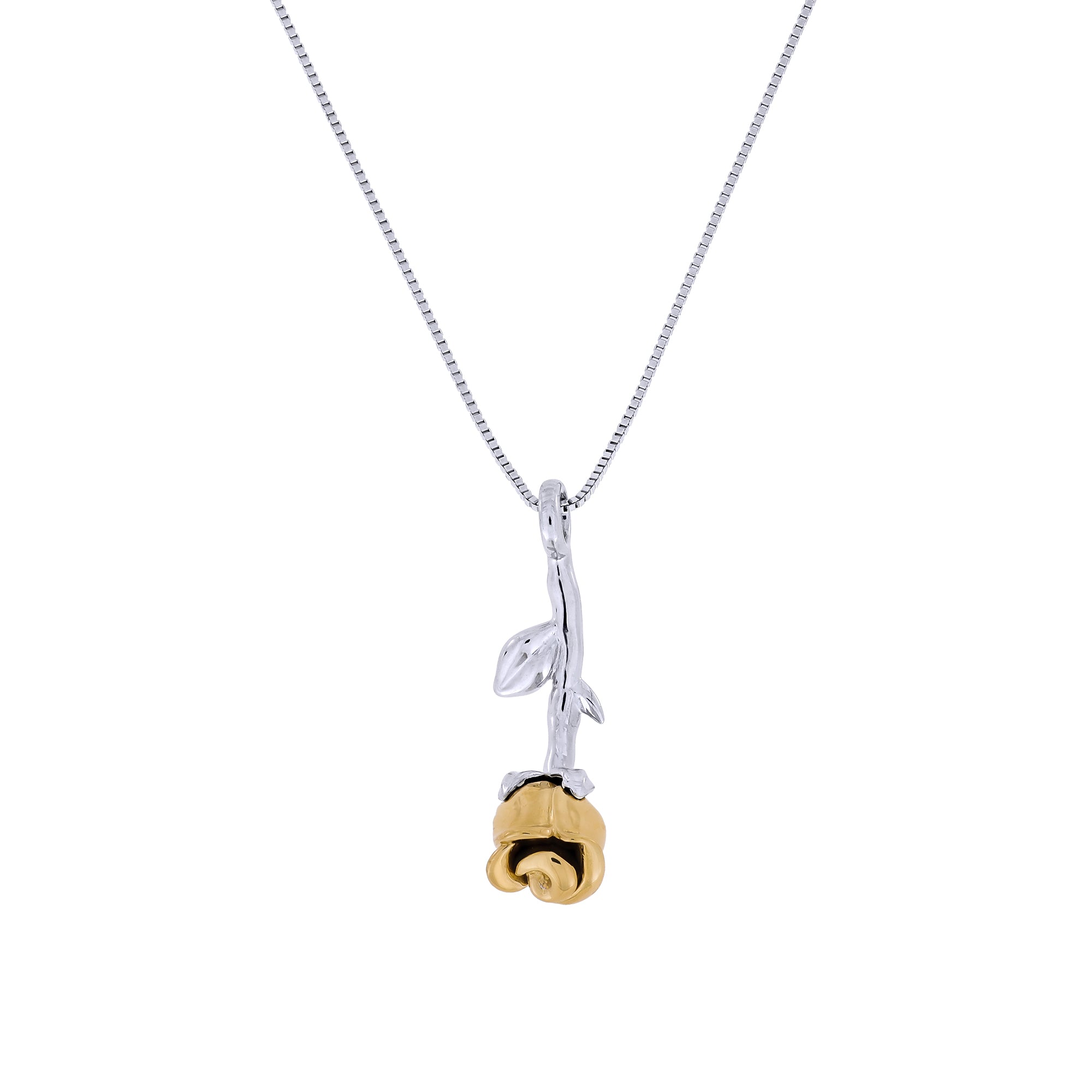 Sterling silver pendant shaped as a delicate rose with a gold vermeil bloom and detailed leaves, suspended from a fine chain, showcasing sophisticated British craftsmanship.