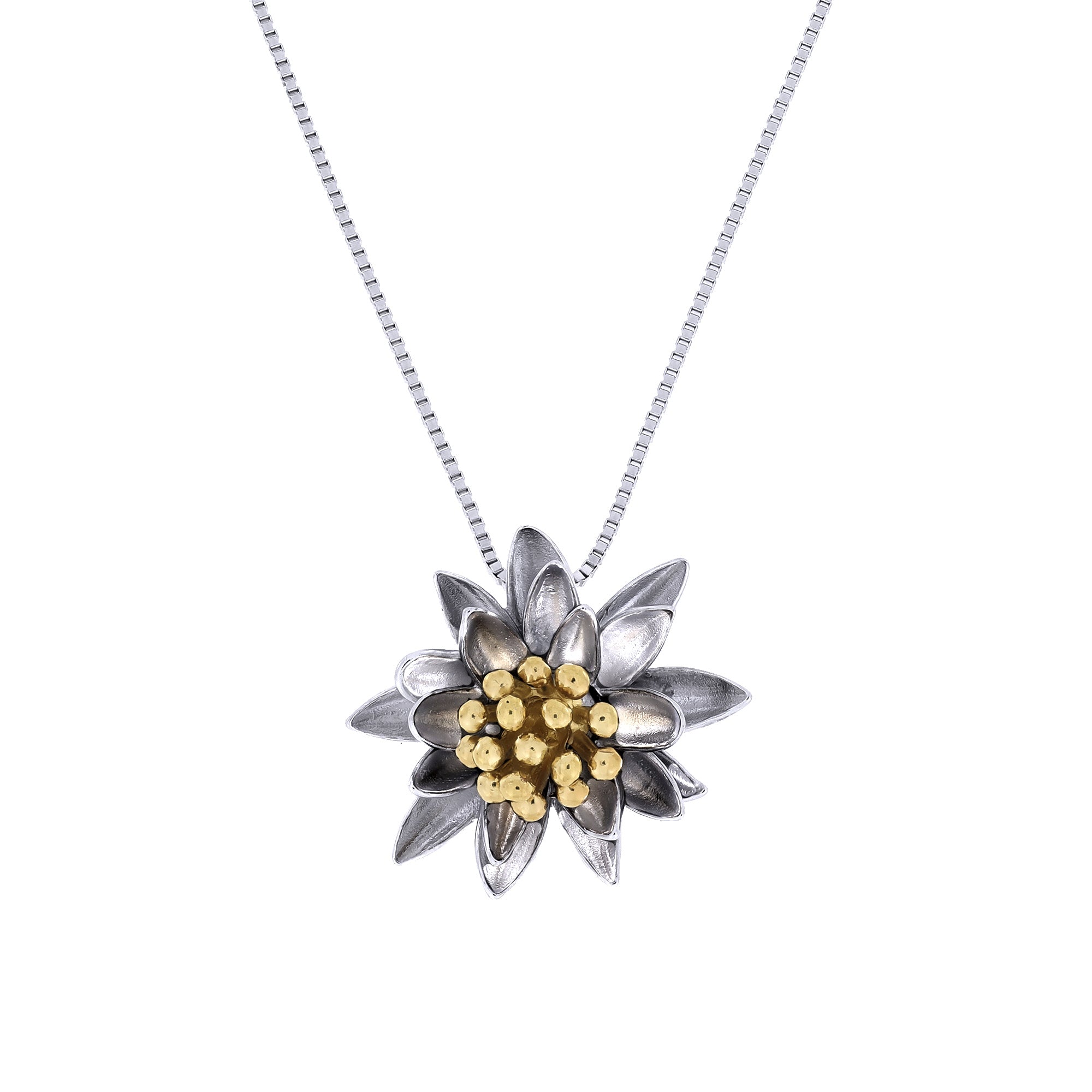 Sterling silver pendant inspired by a water lily flower, featuring sculptural detailed petals with gold vermeil accents, suspended on a fine silver chain.