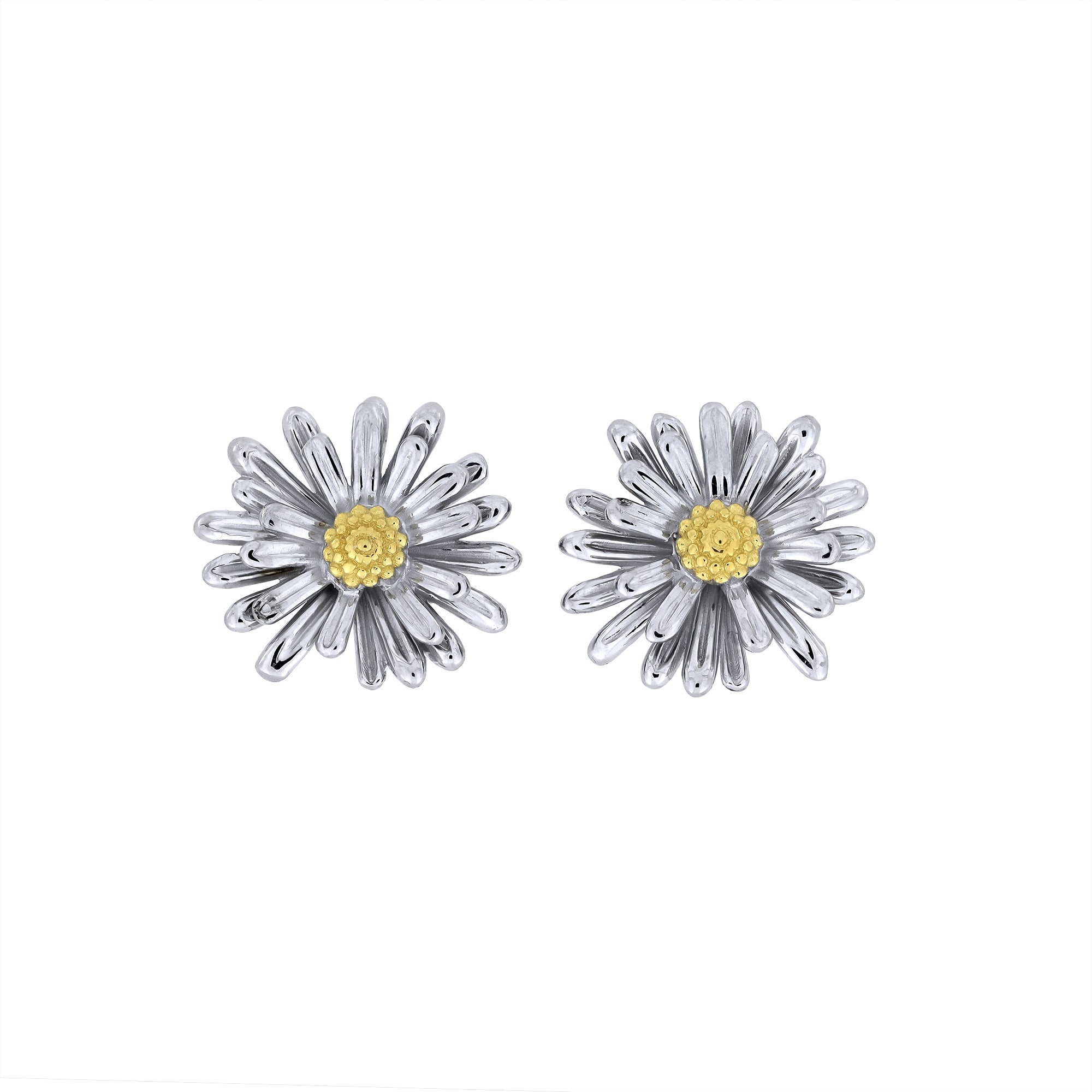 Pair of sterling silver earrings crafted in a sculptural daisy flower design with gold vermeil centers, reflecting expert British craftsmanship in floral-inspired silver jewellery.