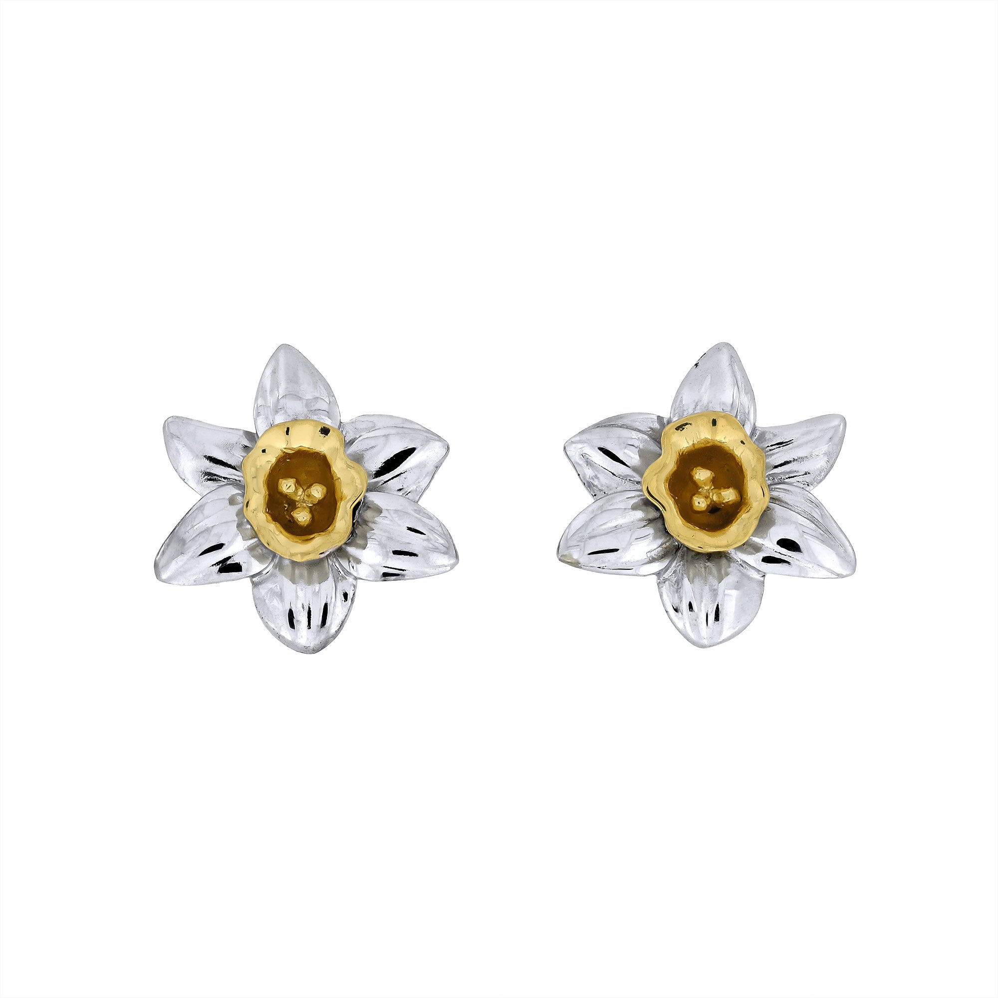 Sterling silver earrings crafted in a sculptural flower design with polished gold vermeil centers, combining contemporary elegance with expert British craftsmanship.