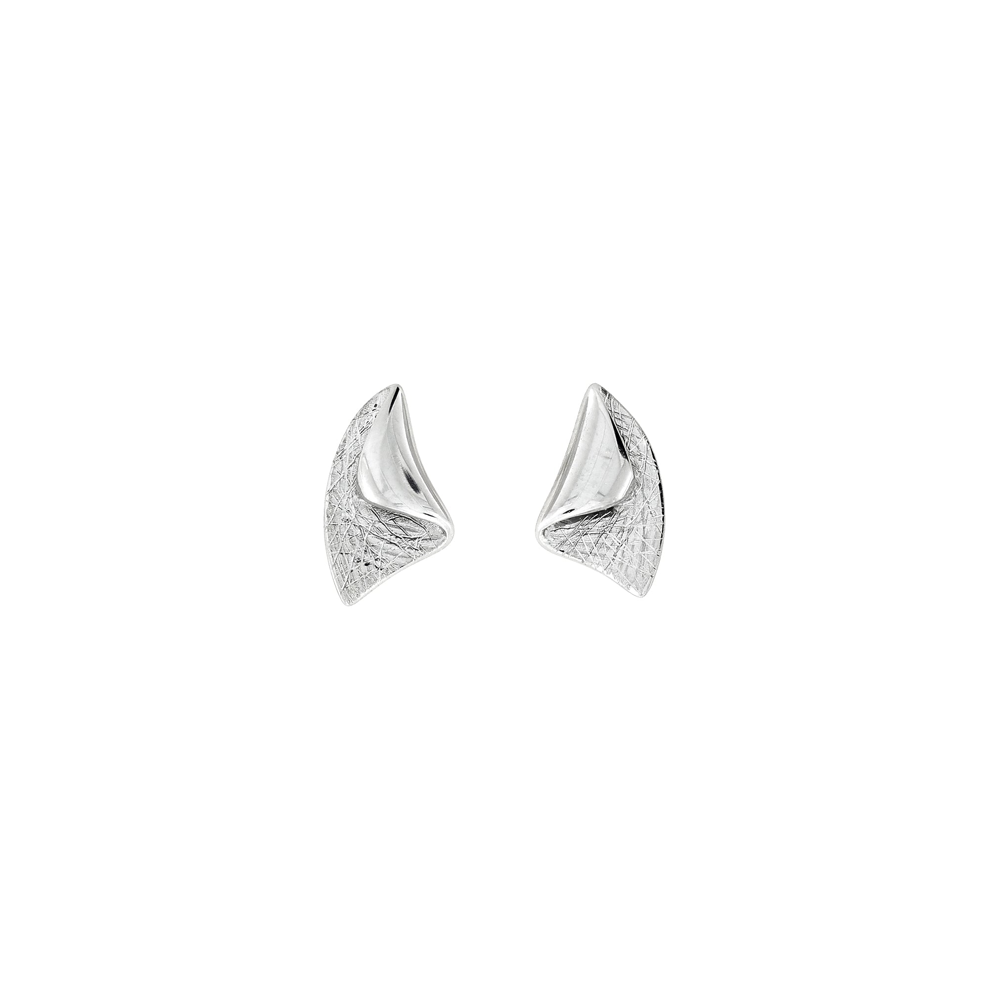 Pair of sterling silver stud earrings with a folded leaf-inspired design, featuring a polished and textured surface that highlights sculptural elegance in contemporary silver jewellery.