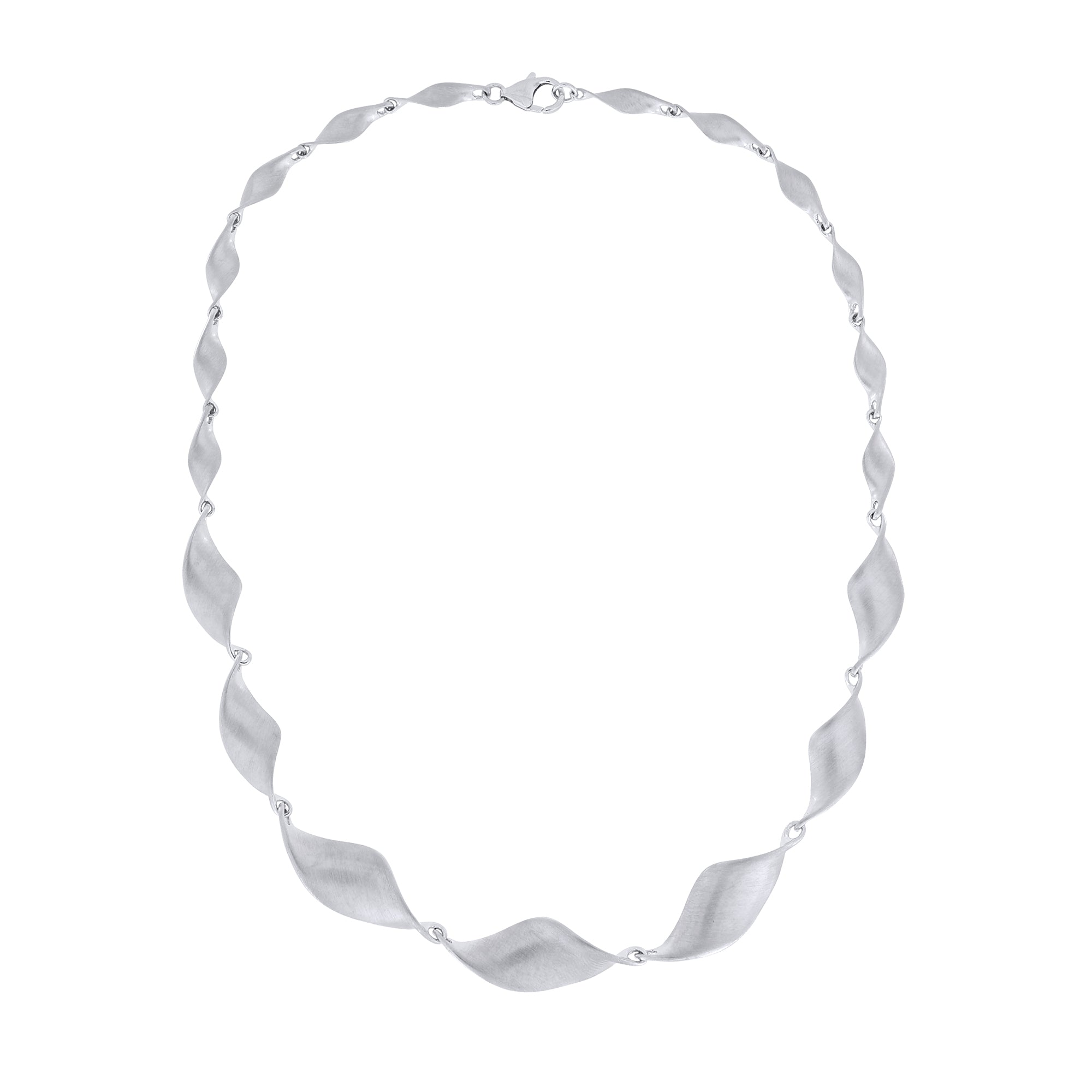 A silver satin twist necklace with smoothly graduated sized links, displayed against a white background.