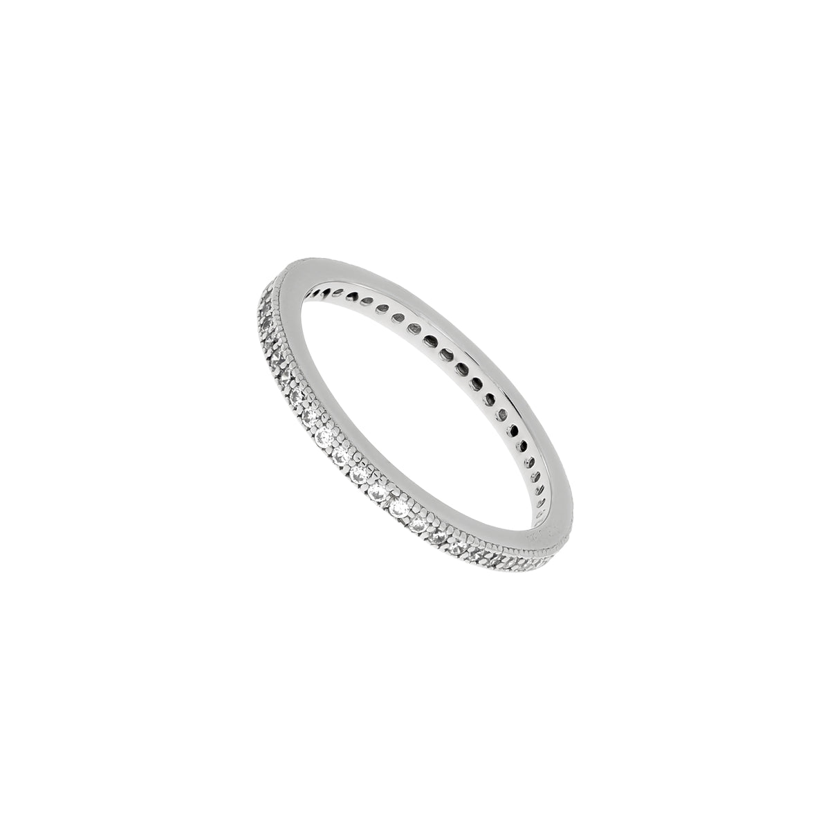 Elegant sterling silver eternity band featuring a continuous row of pavé-set stones, showcasing refined craftsmanship and a sleek, sculptural design by Azendi.