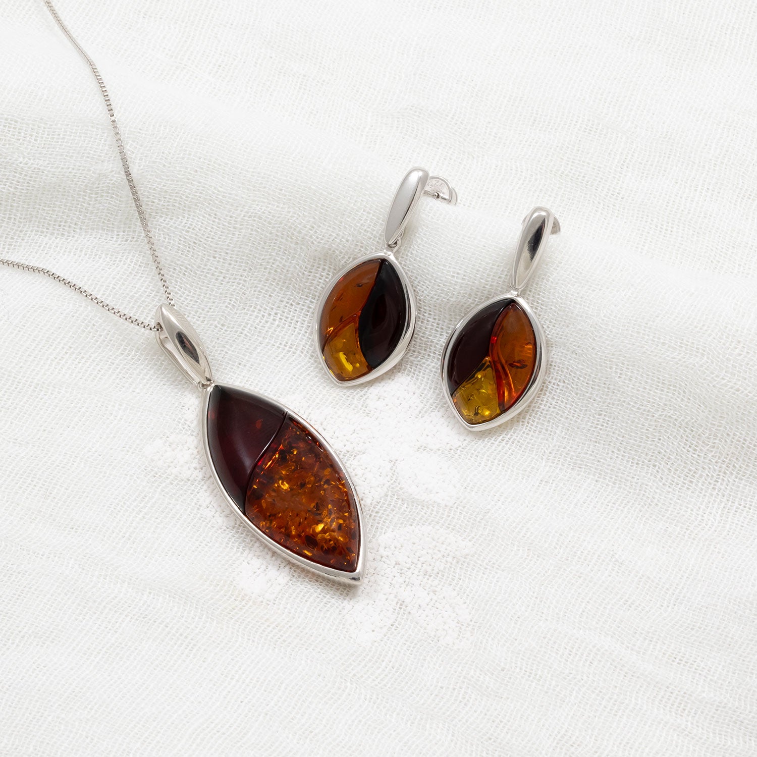Silver Three Colour Amber Leaf Earrings