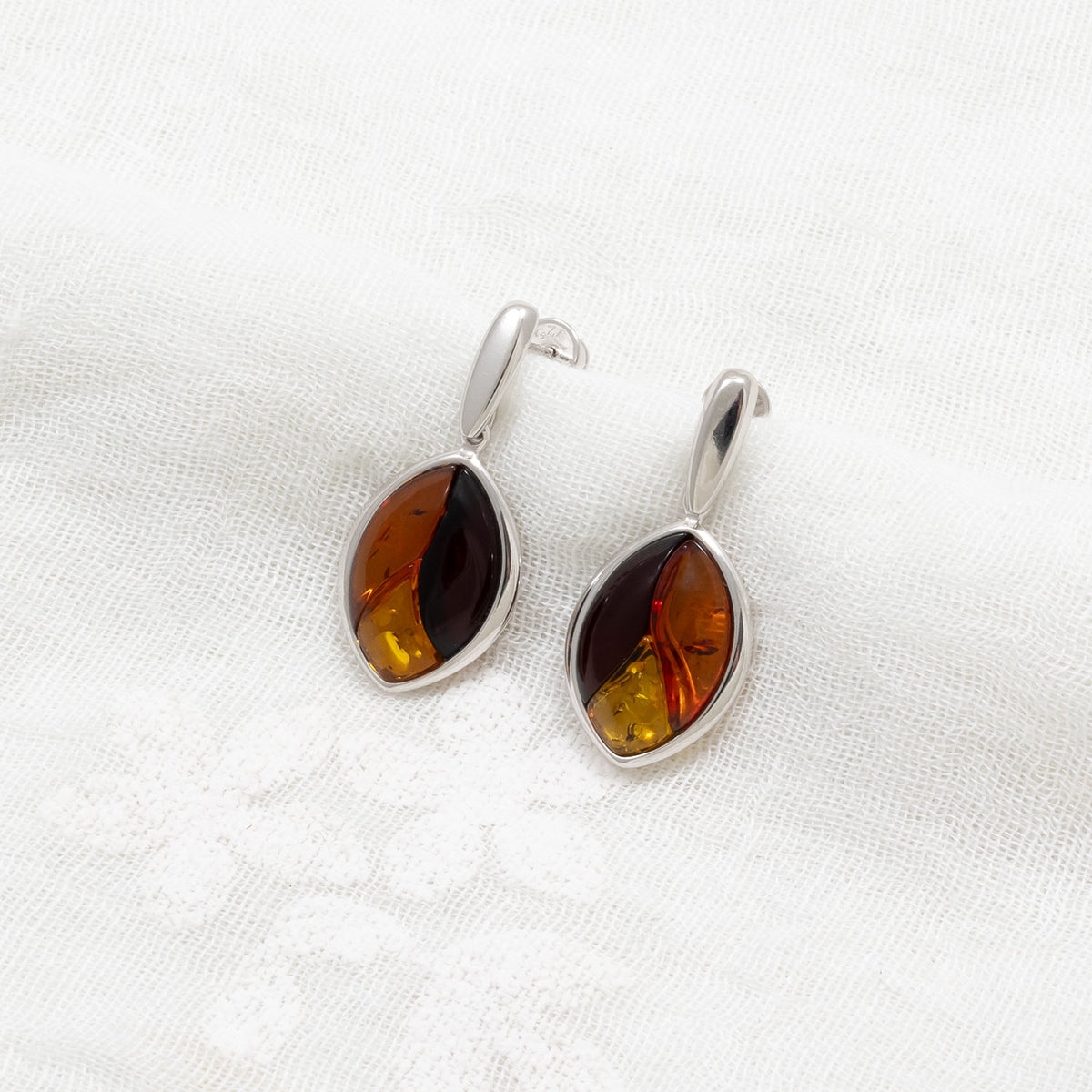 Silver Three Colour Amber Leaf Earrings