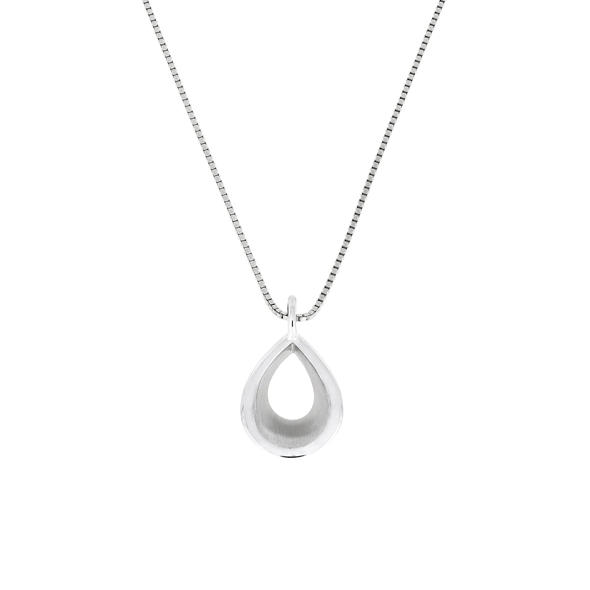 Sleek sterling silver teardrop pendant with a polished finish, suspended from a delicate chain, showcasing minimalist and timeless design in contemporary silver jewellery.