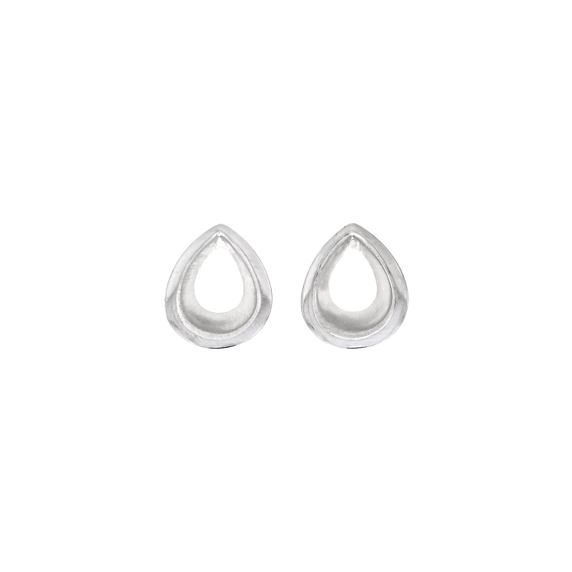 Pair of polished silver stud earrings shaped as sculptural teardrops with a smooth, slightly concave surface, embodying refined contemporary sterling silver elegance.