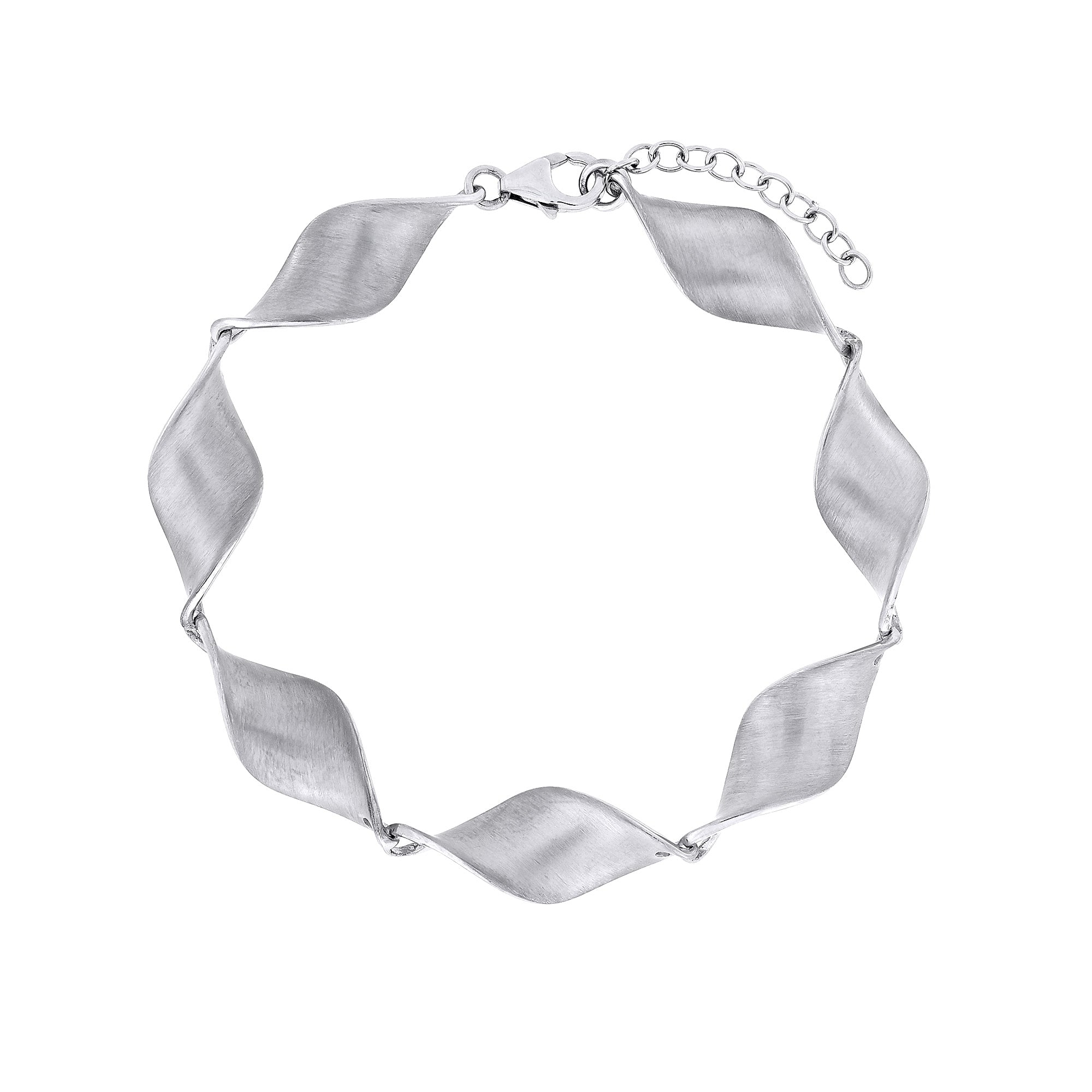 Silver bracelet with twisting linked design on a white background
