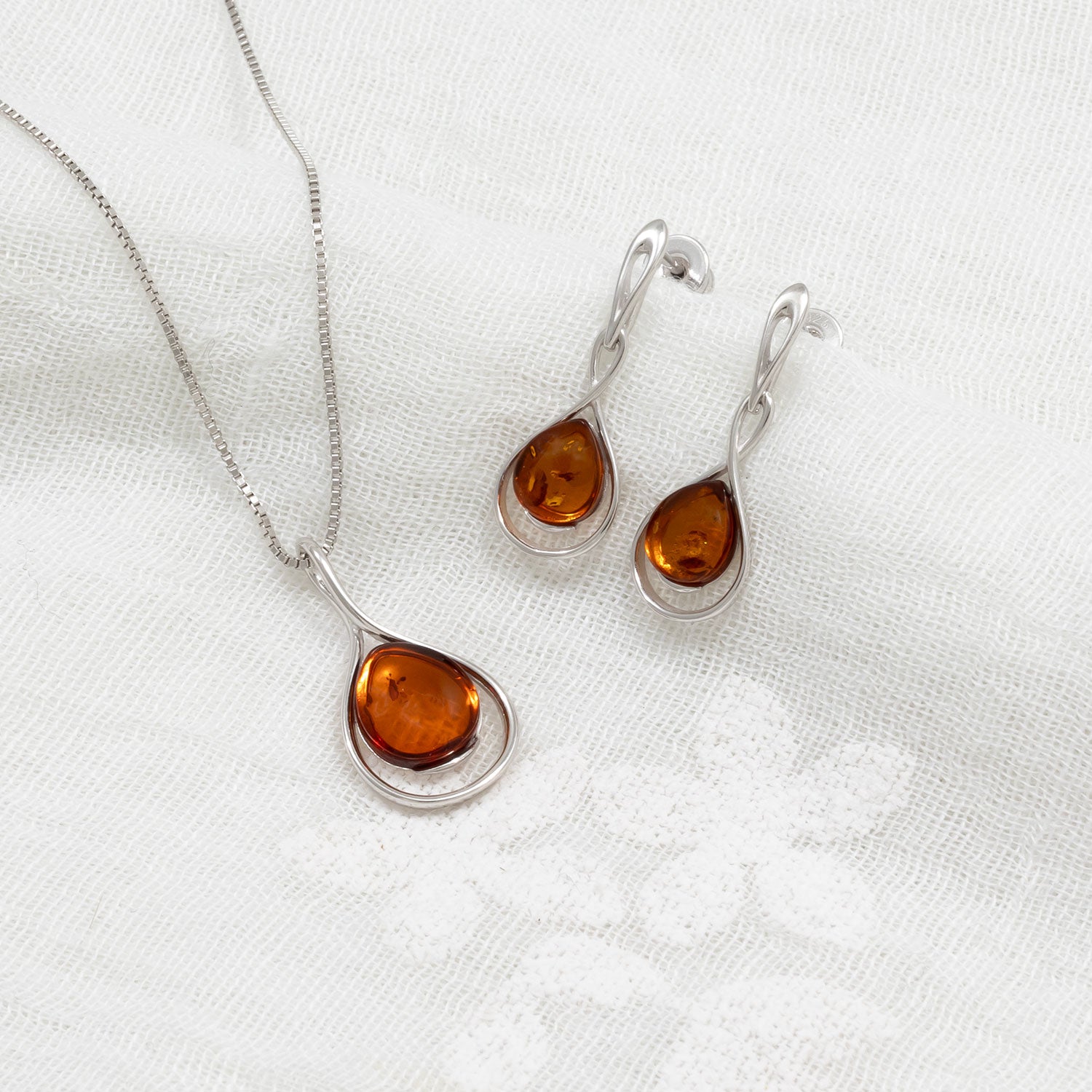 Silver & Amber Teardrop Twist Earrings