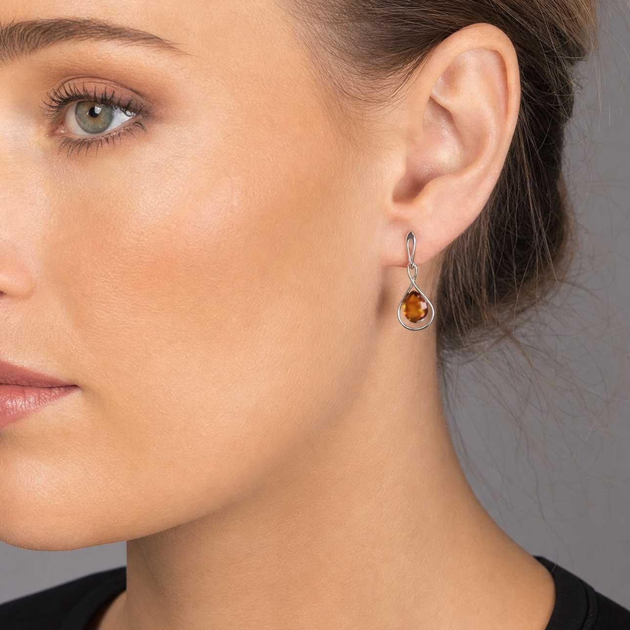 Silver & Amber Teardrop Twist Earrings