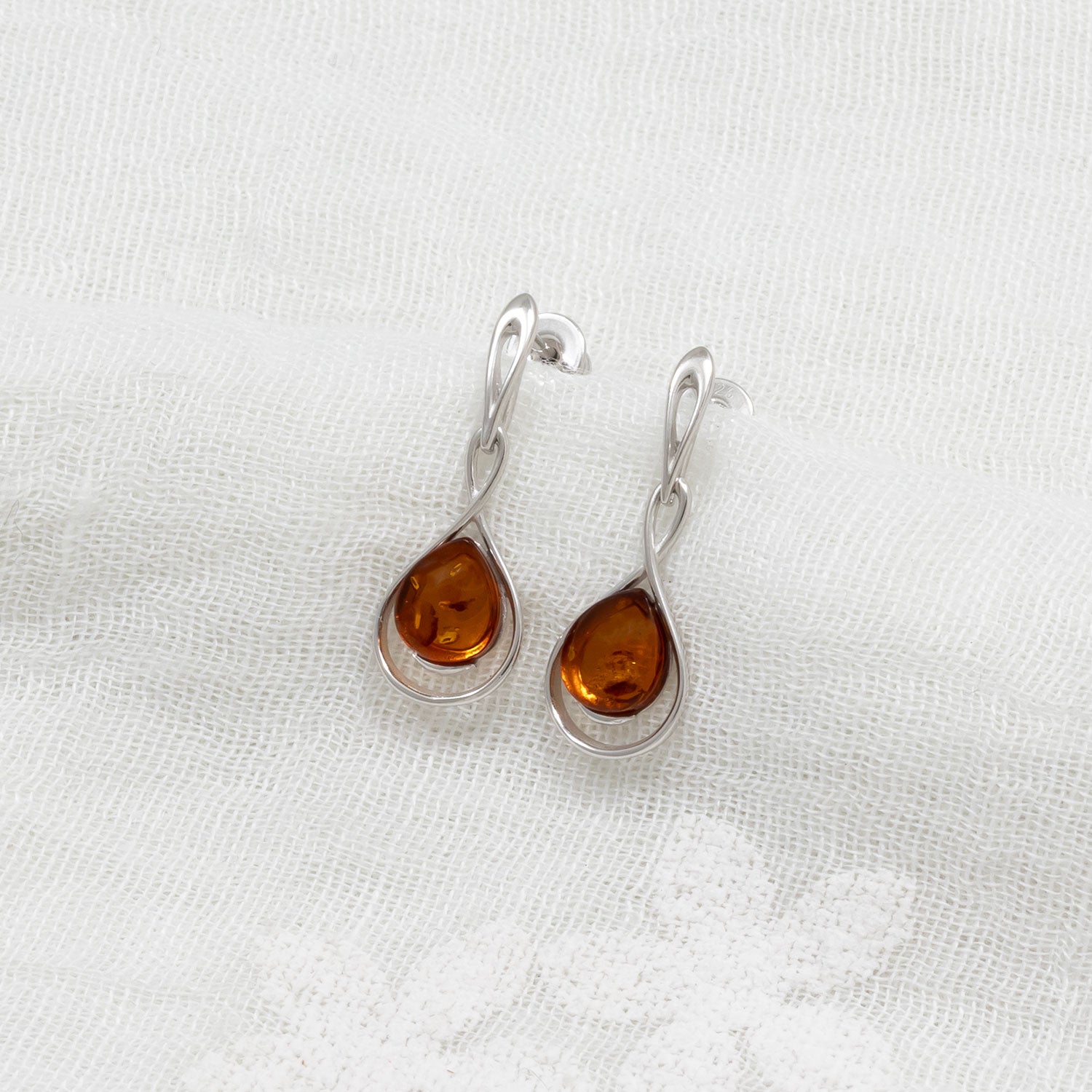Silver & Amber Teardrop Twist Earrings