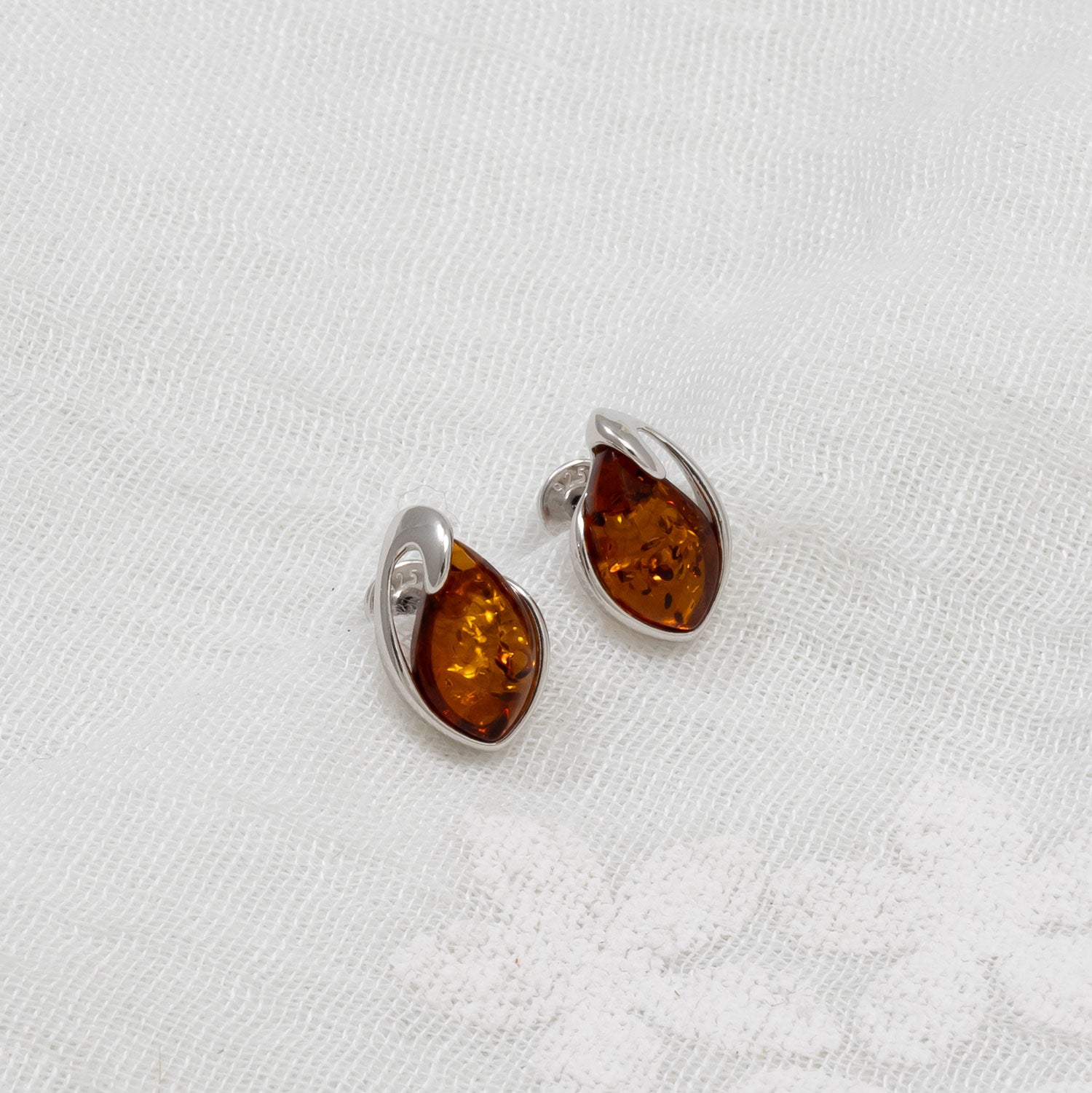 Silver Twist Amber Teardrop Studs