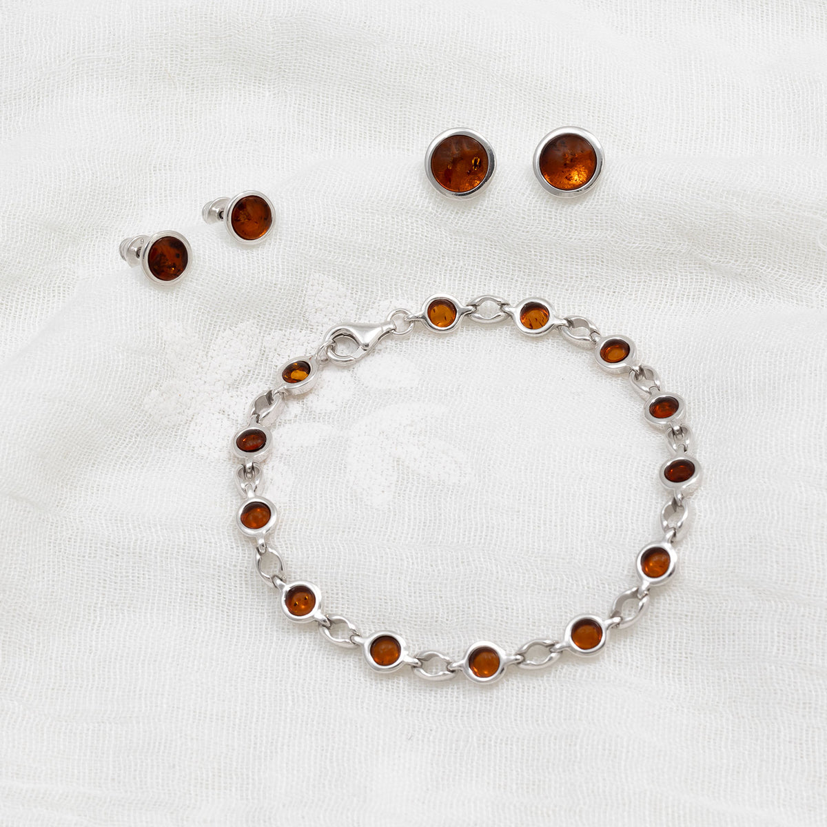 Silver & Amber Large Button Studs; 8mm