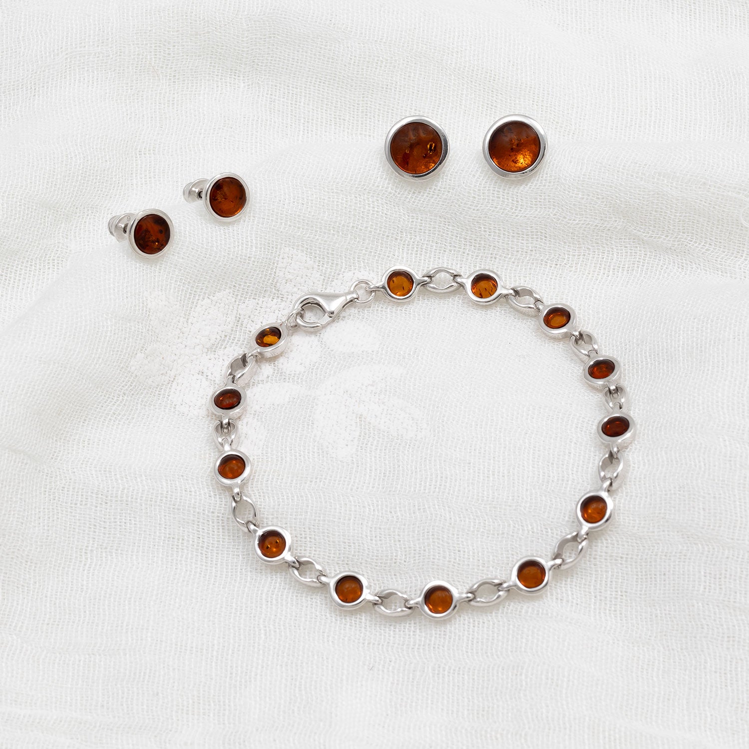 Silver & Amber Large Button Studs; 8mm