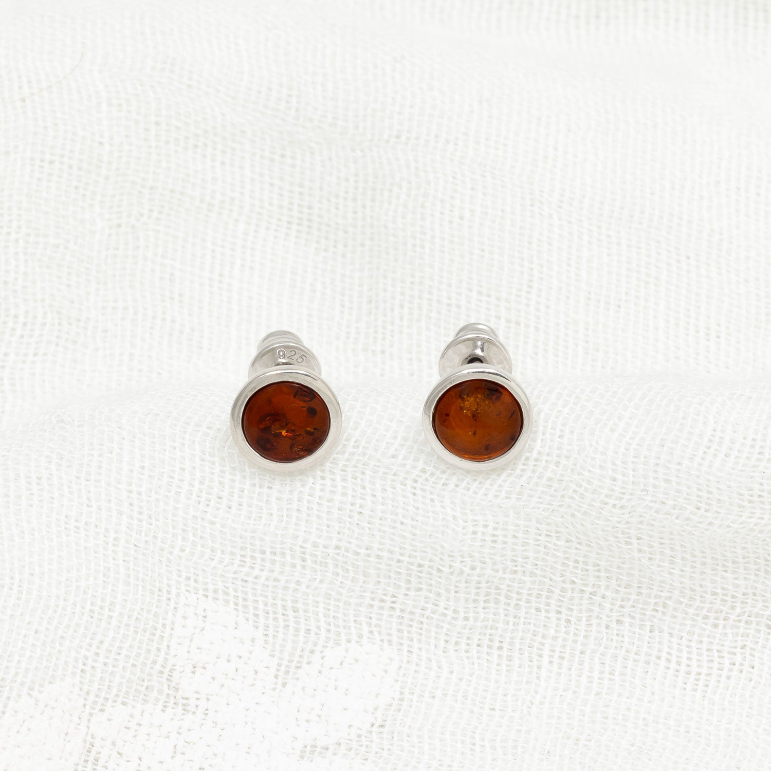 Silver & Amber Small Button Studs; 6mm