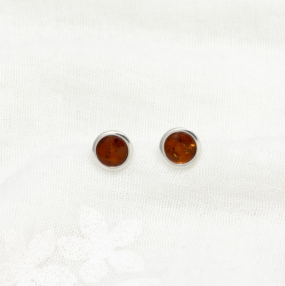 Silver & Amber Large Button Studs; 8mm