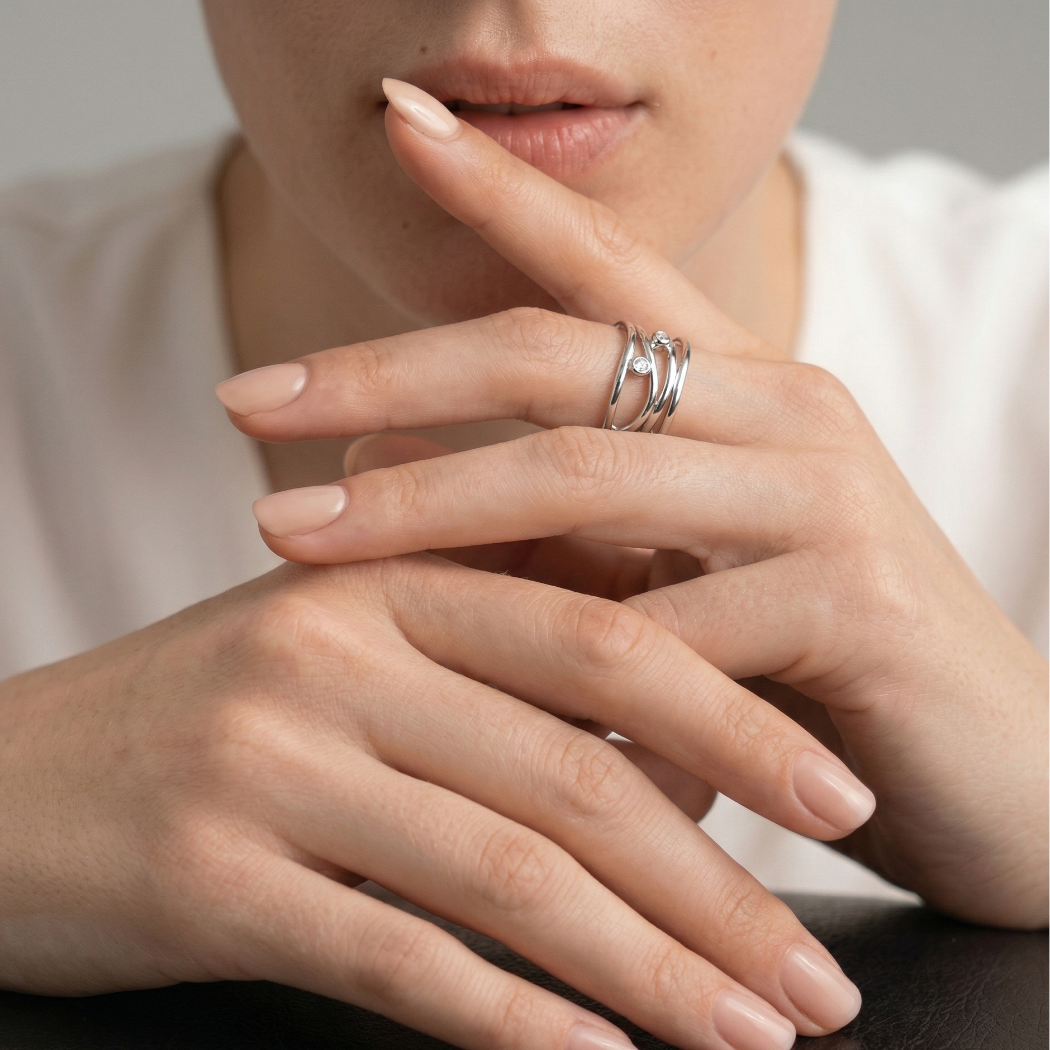 Overlapping Waves With Stones Silver Ring