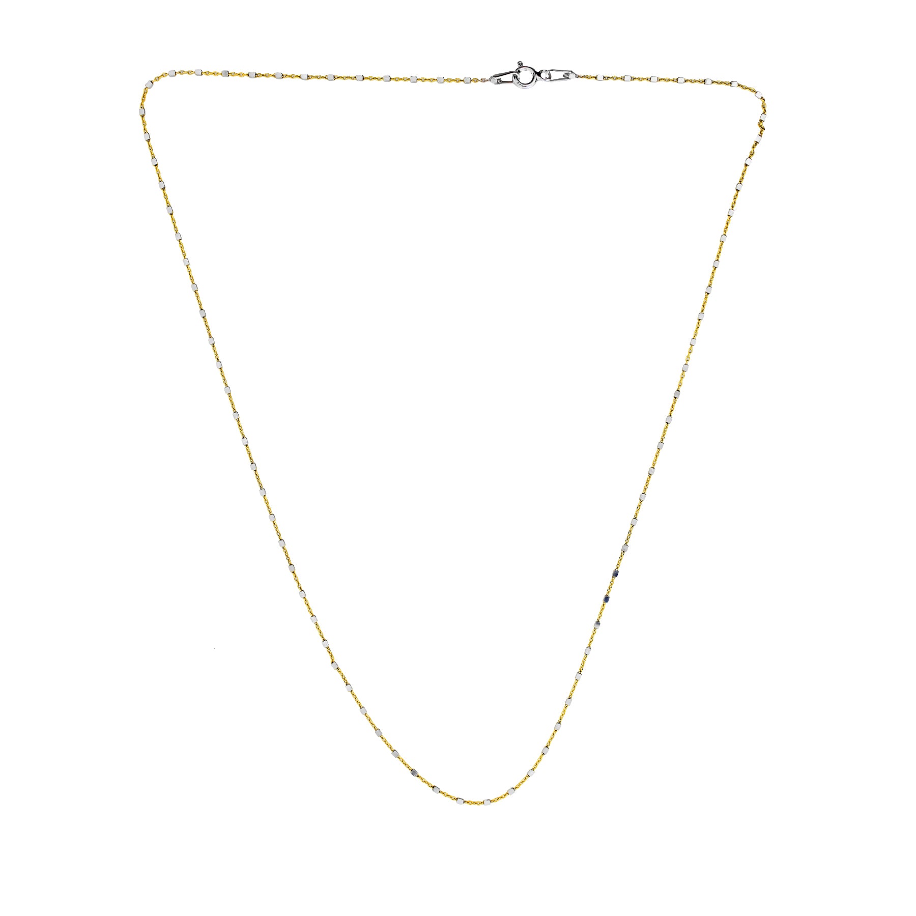 Delicate sterling silver necklace featuring a fine chain interspersed with small cube-shaped links, showcasing a modern layering design with subtle geometric detailing.