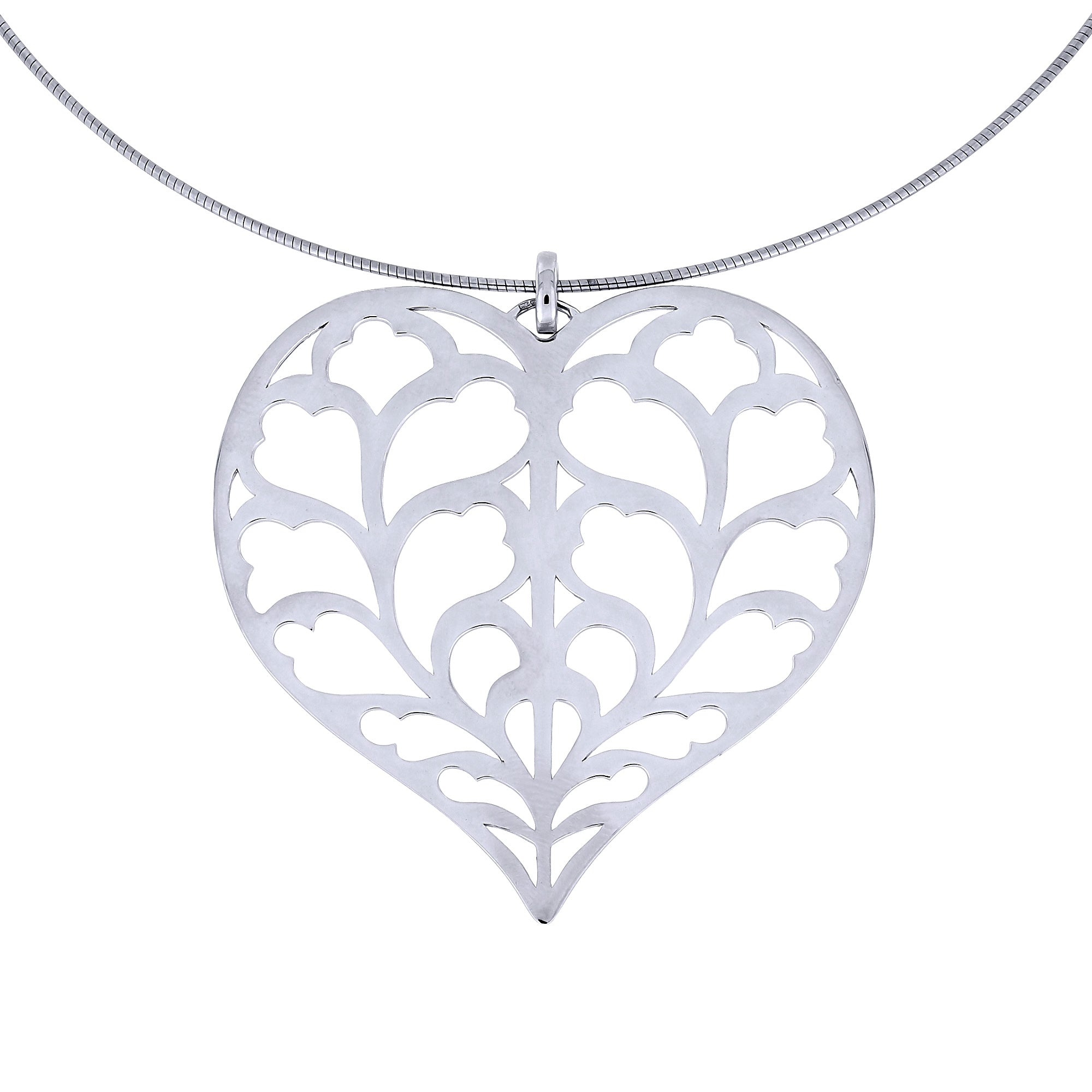 Sterling silver pendant featuring an openwork heart design inspired by Yorkshire, suspended on a sleek omega collar for a contemporary, sculptural look.