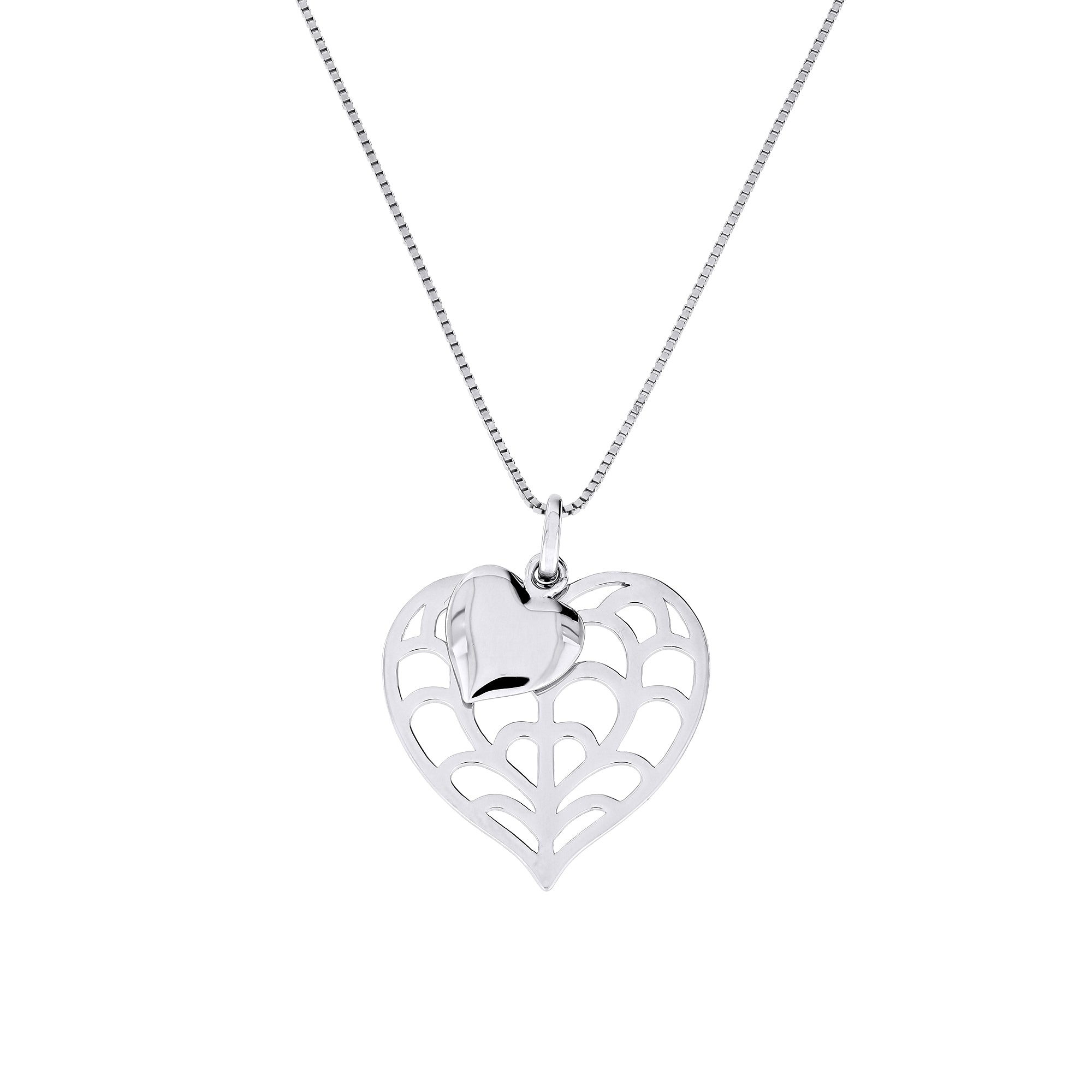 Sterling silver pendant featuring a sculptural double heart design with a lattice pattern, suspended on a fine chain, showcasing elegant British craftsmanship.