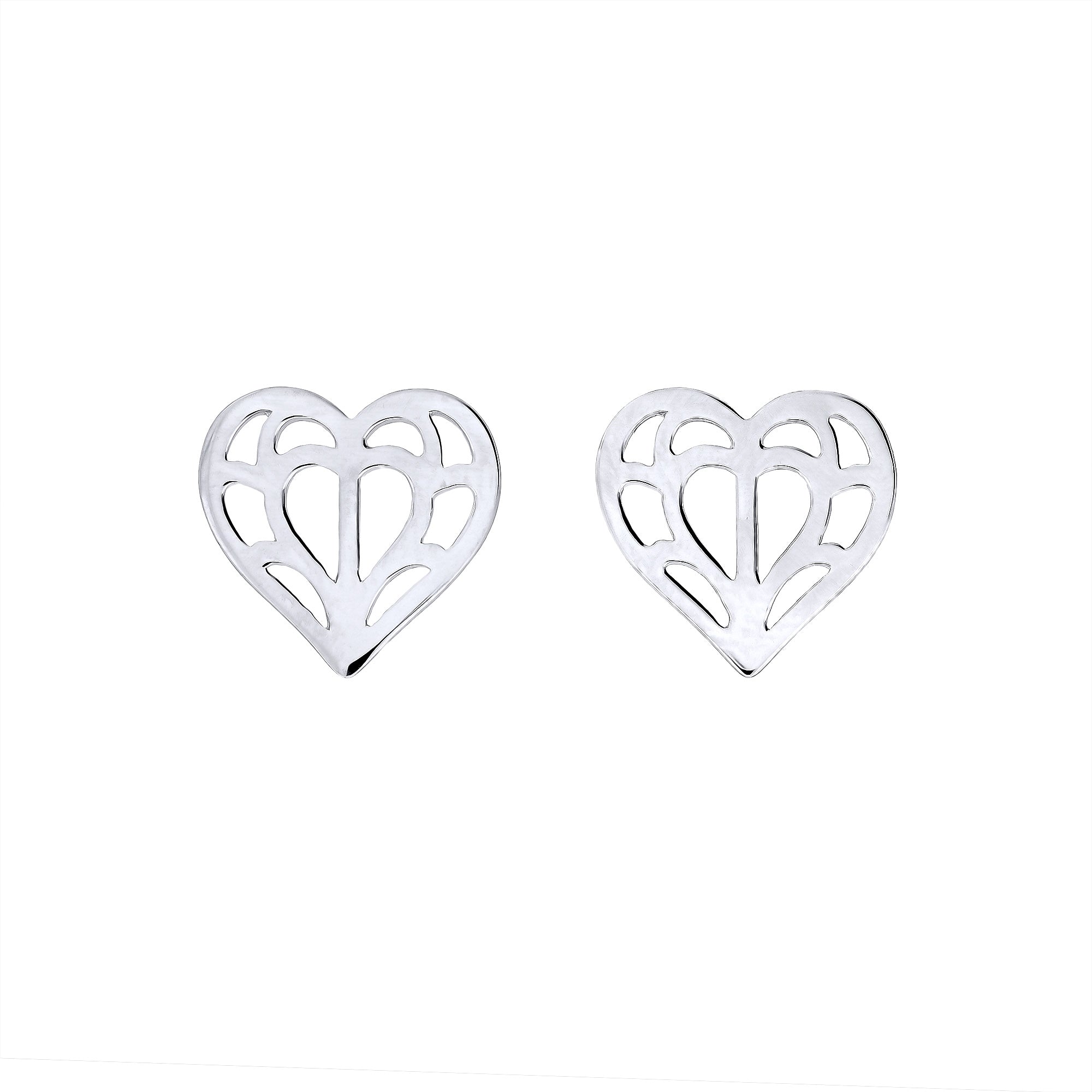 Pair of sterling silver heart-shaped stud earrings featuring a delicate openwork design inspired by Yorkshire, crafted in a contemporary sculptural style.