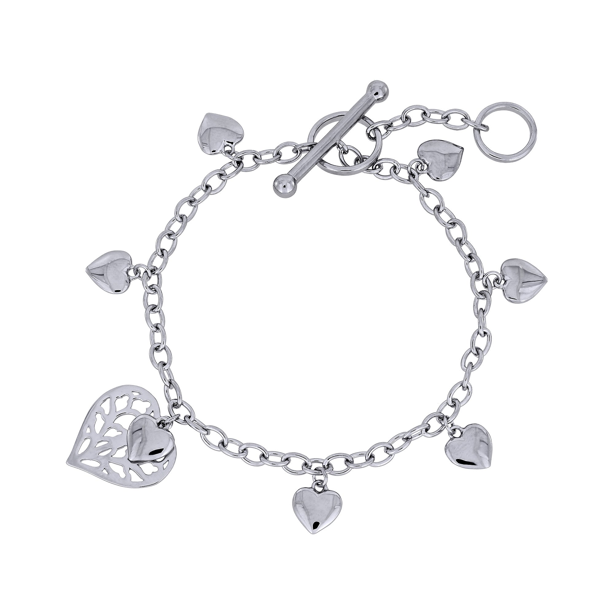 Sterling silver chain bracelet featuring a sculptural heart pendant and smaller heart charms, secured with a T-bar clasp, showcasing elegant British silver jewellery design.