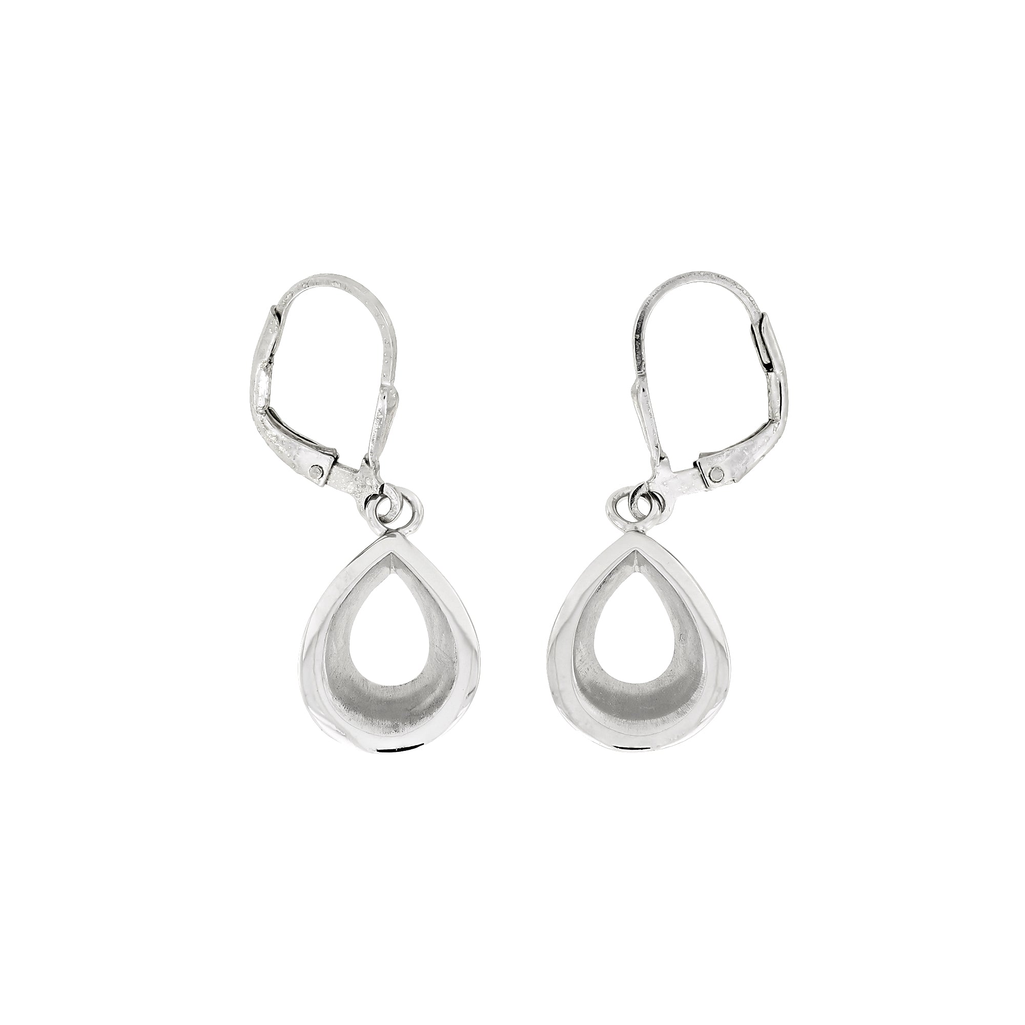 Pair of polished sterling silver earrings featuring open teardrop shapes with smooth, sculptural contours and secure lever-back clasps for elegant everyday wear.
