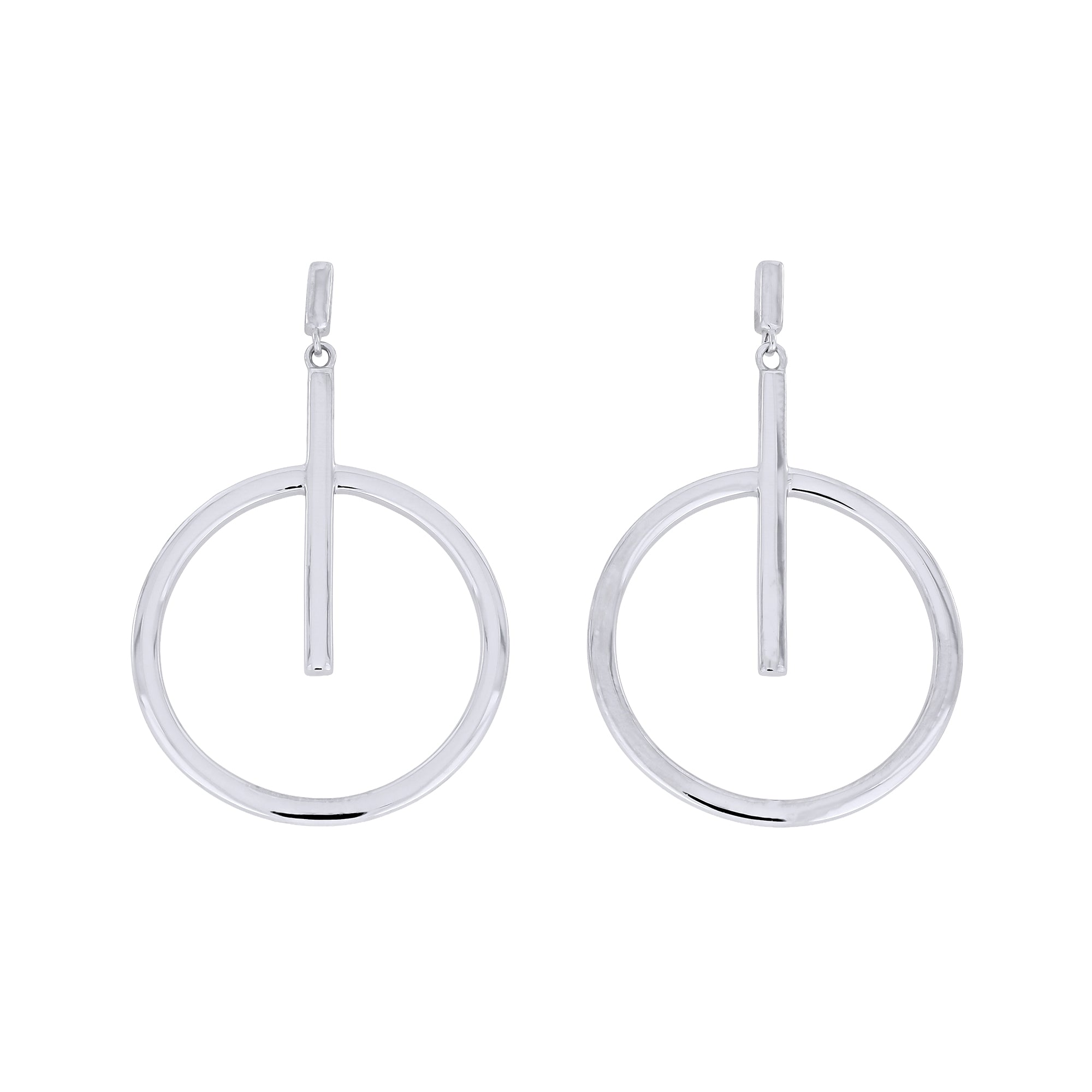 Pair of silver circle and line drop earrings on a white background