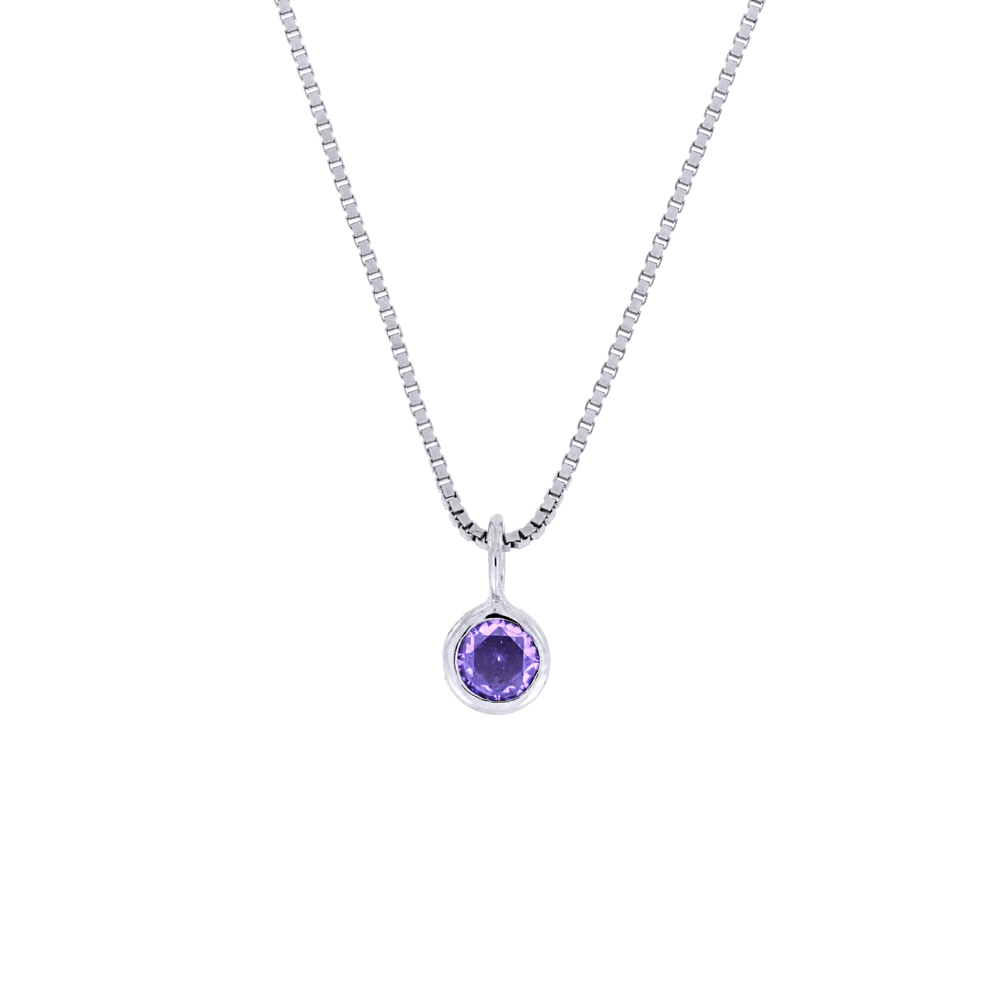 Delicate sterling silver pendant featuring a bezel-set amethyst gemstone, suspended from a sleek, contemporary box chain for an elegant and refined look.
