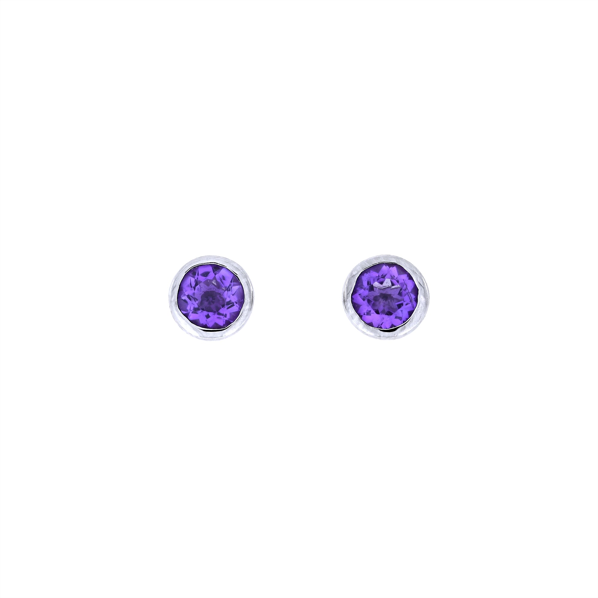 Elegant sterling silver stud earrings showcasing round amethyst gemstones with a polished bezel setting for a timeless and refined accessory.