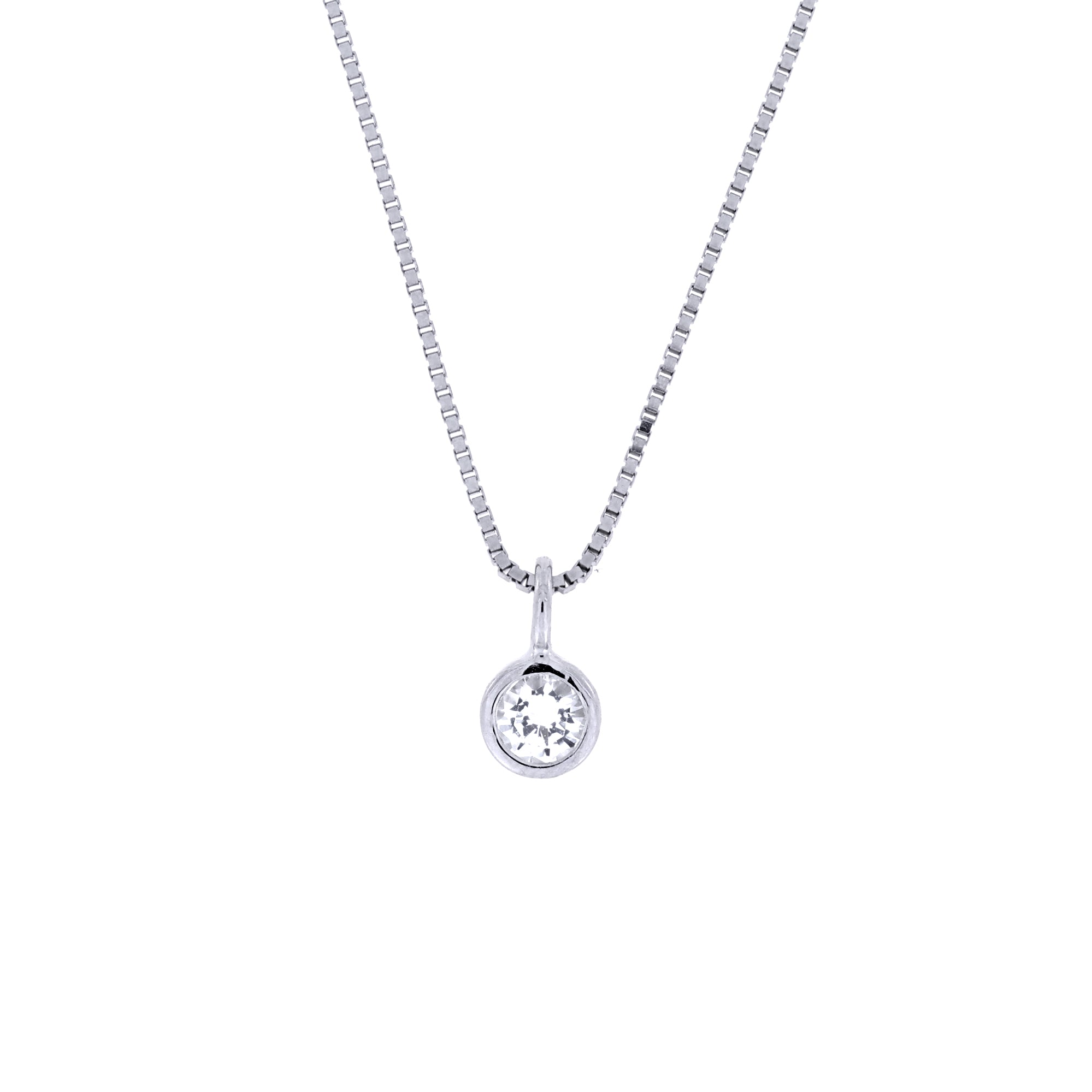 Delicate sterling silver pendant featuring a bezel-set white topaz stone, suspended from a fine silver chain for an elegant and refined look.