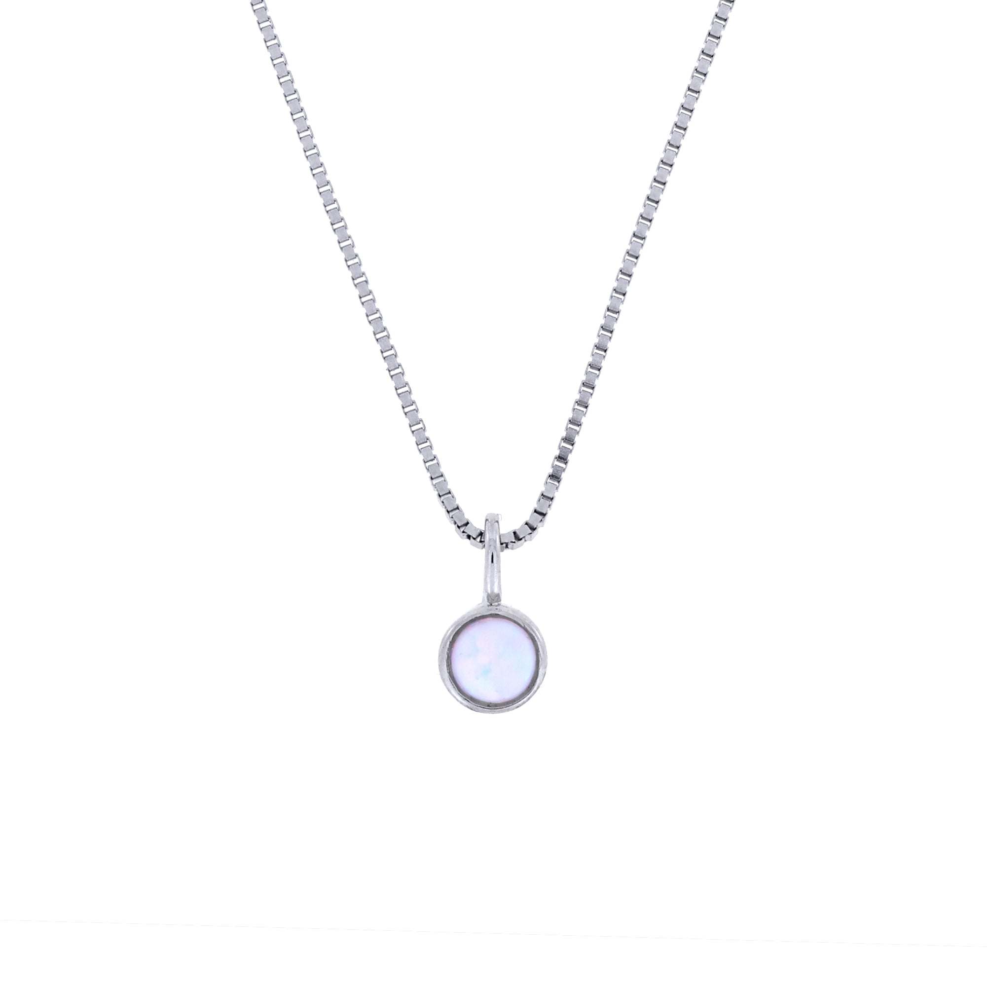 Delicate sterling silver pendant featuring a luminous opal birthstone set in a sleek, modern bezel on a fine chain, showcasing refined British craftsmanship.