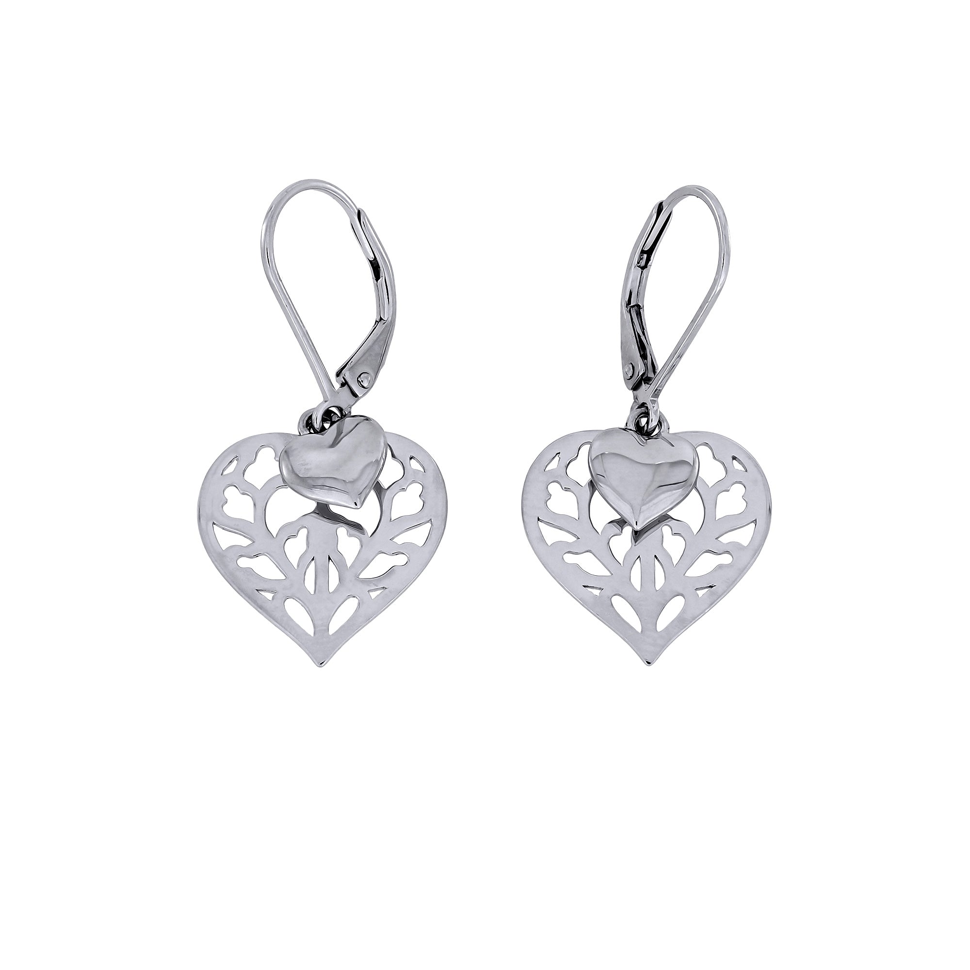 Pair of sterling silver double drop earrings featuring a polished heart atop an openwork heart-shaped pendant with intricate cut-out detailing, designed for elegant wear.