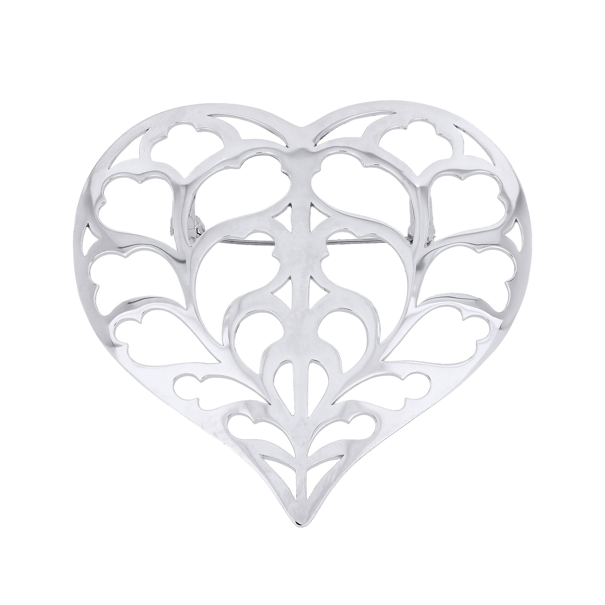 Large sterling silver brooch shaped as an openwork heart with intricate leaf-inspired detailing, showcasing expert British craftsmanship in sculptural silver jewellery.