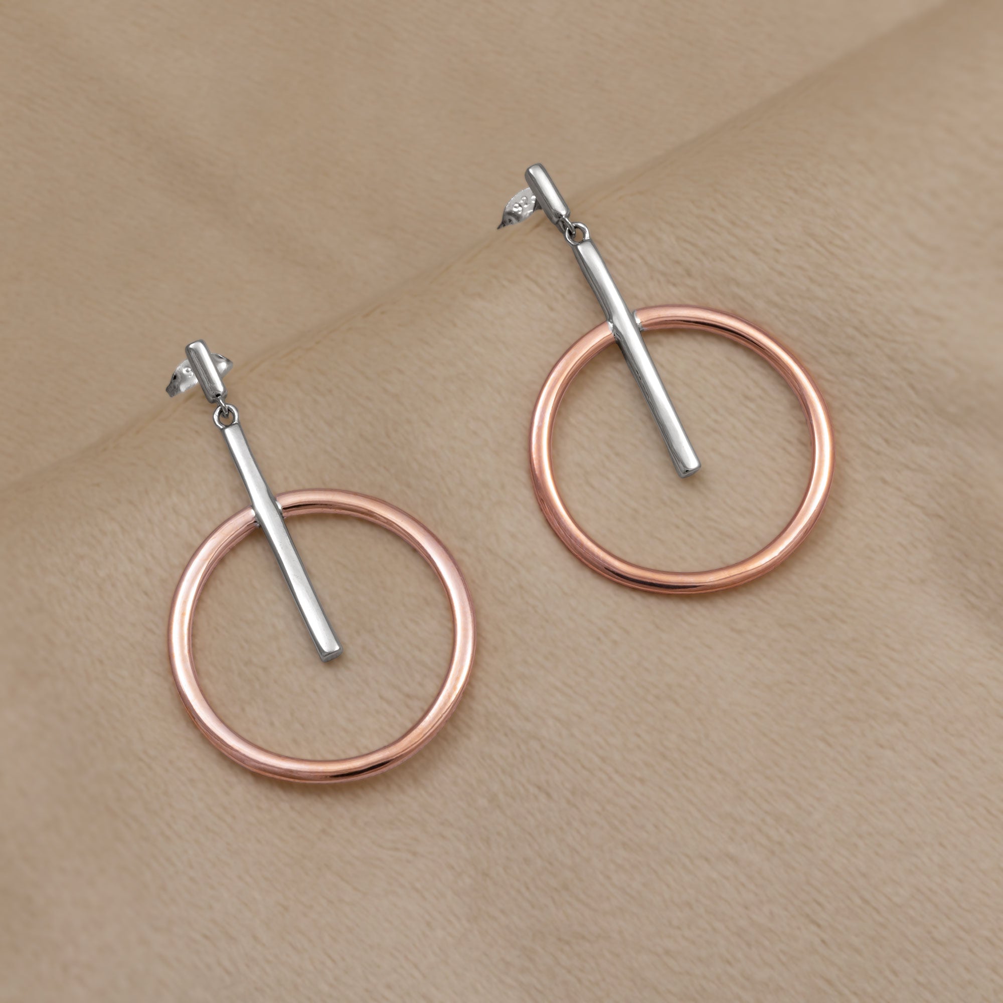 Silver & Rose Vermeil Circle and Line Drop Earrings