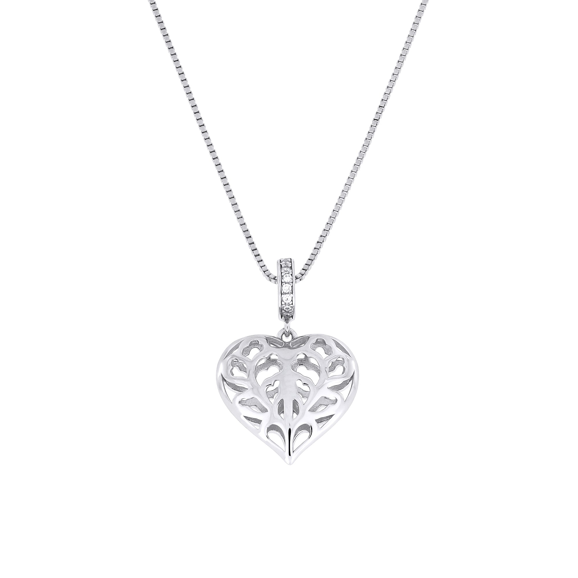 Sterling silver pendant necklace featuring an openwork heart design inspired by York Minster, suspended on a fine chain for a contemporary, sculptural jewellery look.