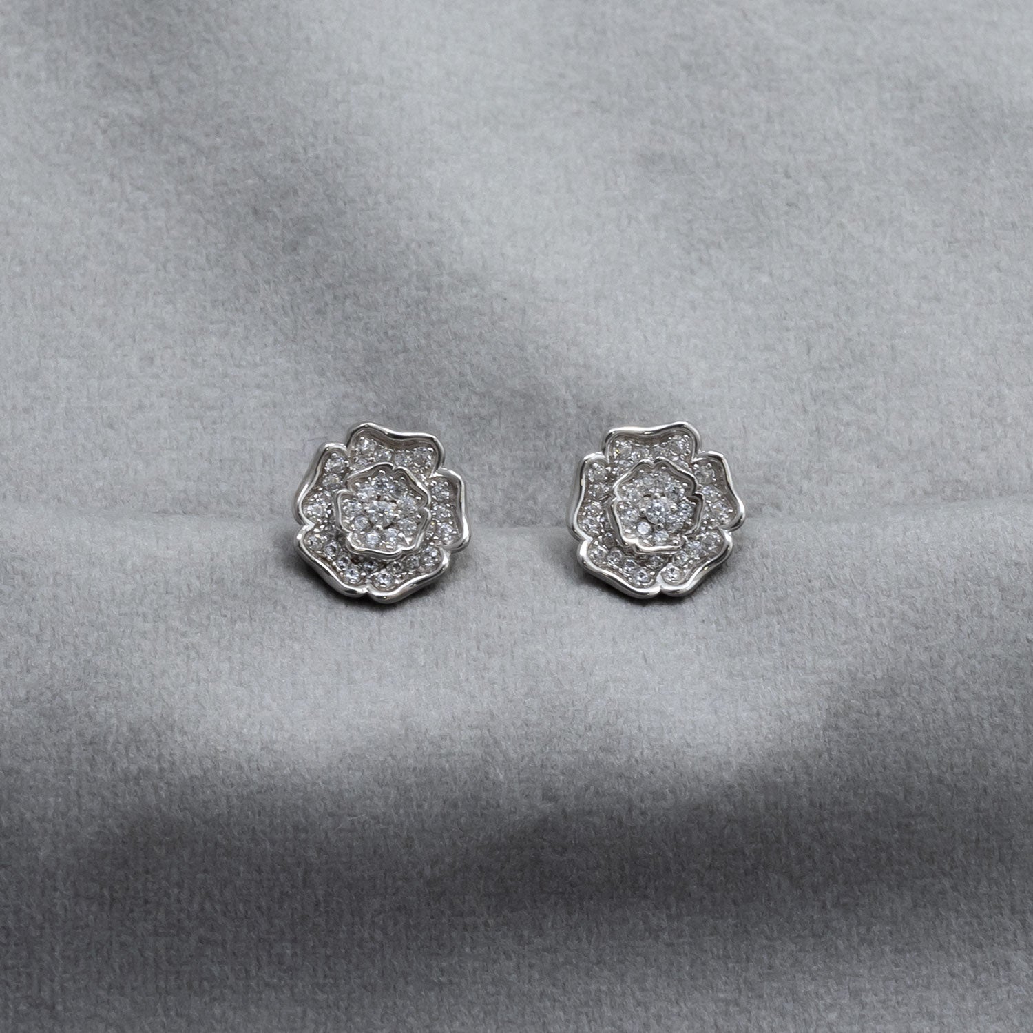 Sterling Silver Yorkshire Rose Earrings - Pavé