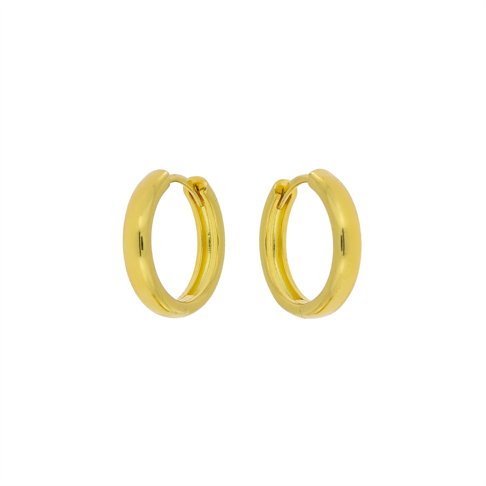 Pair of medium rounded hinge hoop earrings in polished gold vermeil, showcasing a sleek, classic design perfect for everyday elegance in fine jewellery.