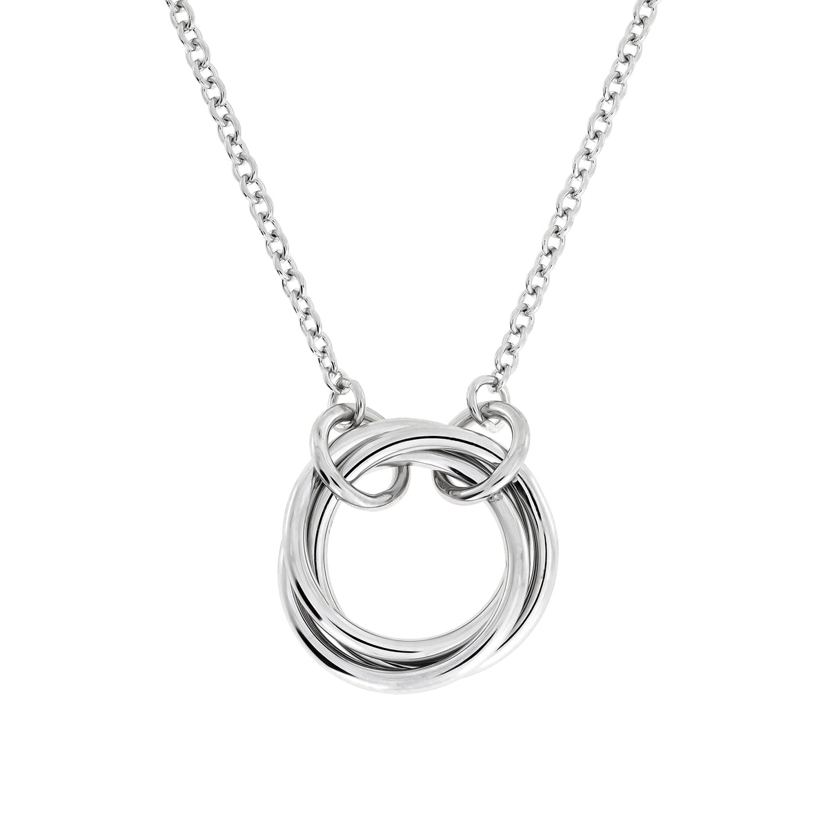 Sterling silver necklace featuring an elegant, intertwined knot pendant suspended from a fine chain with adjustable length, embodying minimalist British silver jewellery design.